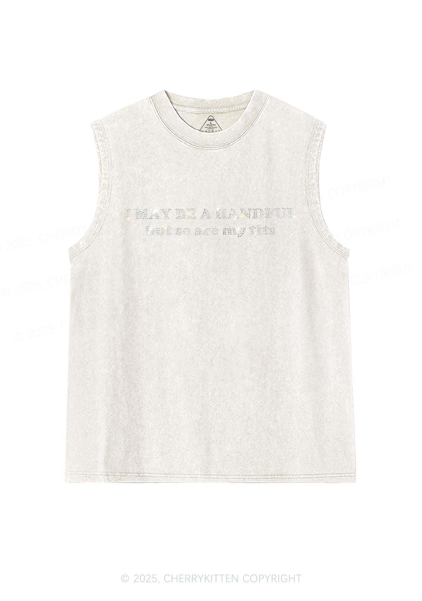 Rhinestone I May Be A Handful Y2K Washed Muscle Tank Cherrykitten - Image 7