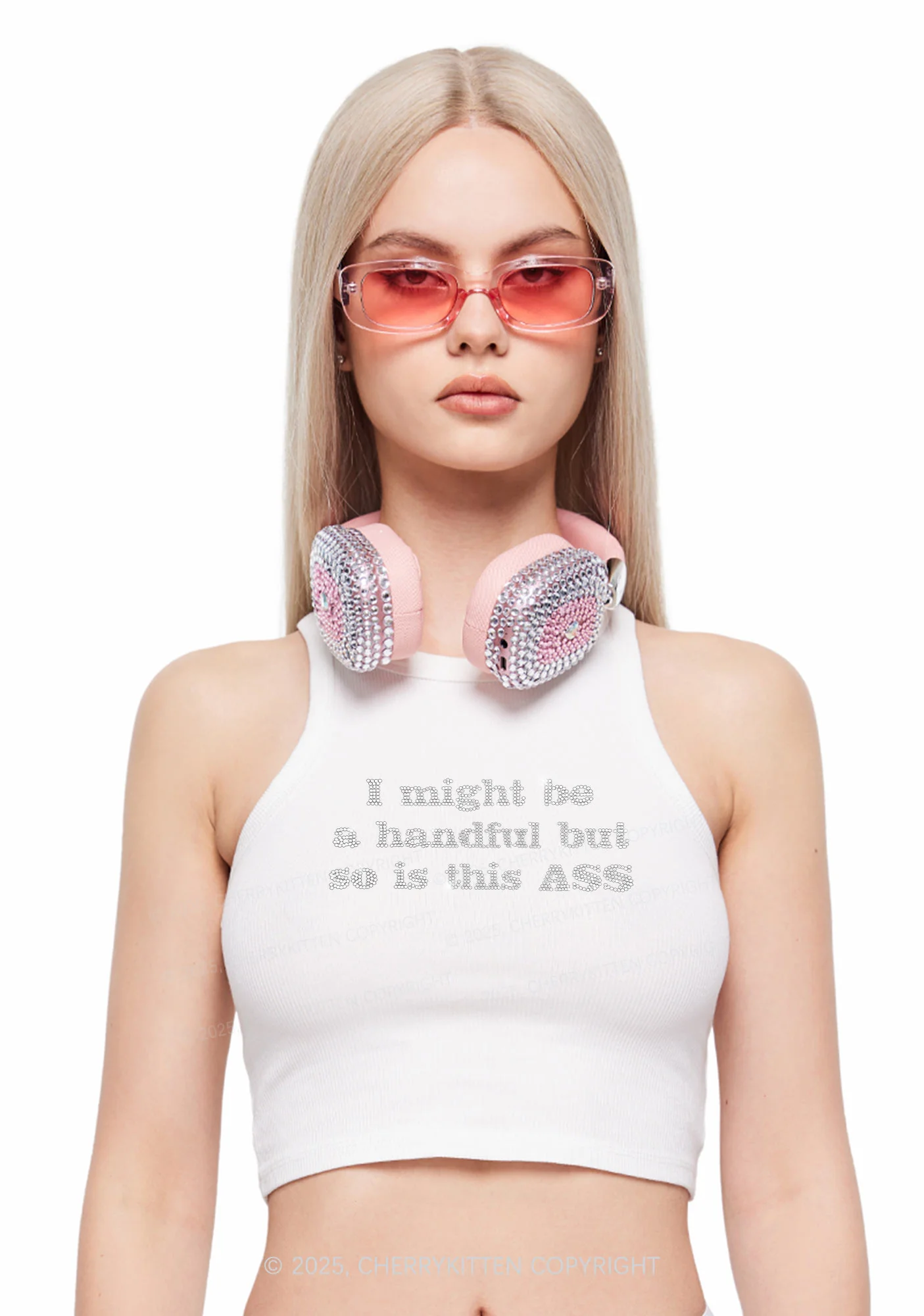 Rhinestone I Might Be Handful Y2K Crop Tank Top Cherrykitten - Image 2