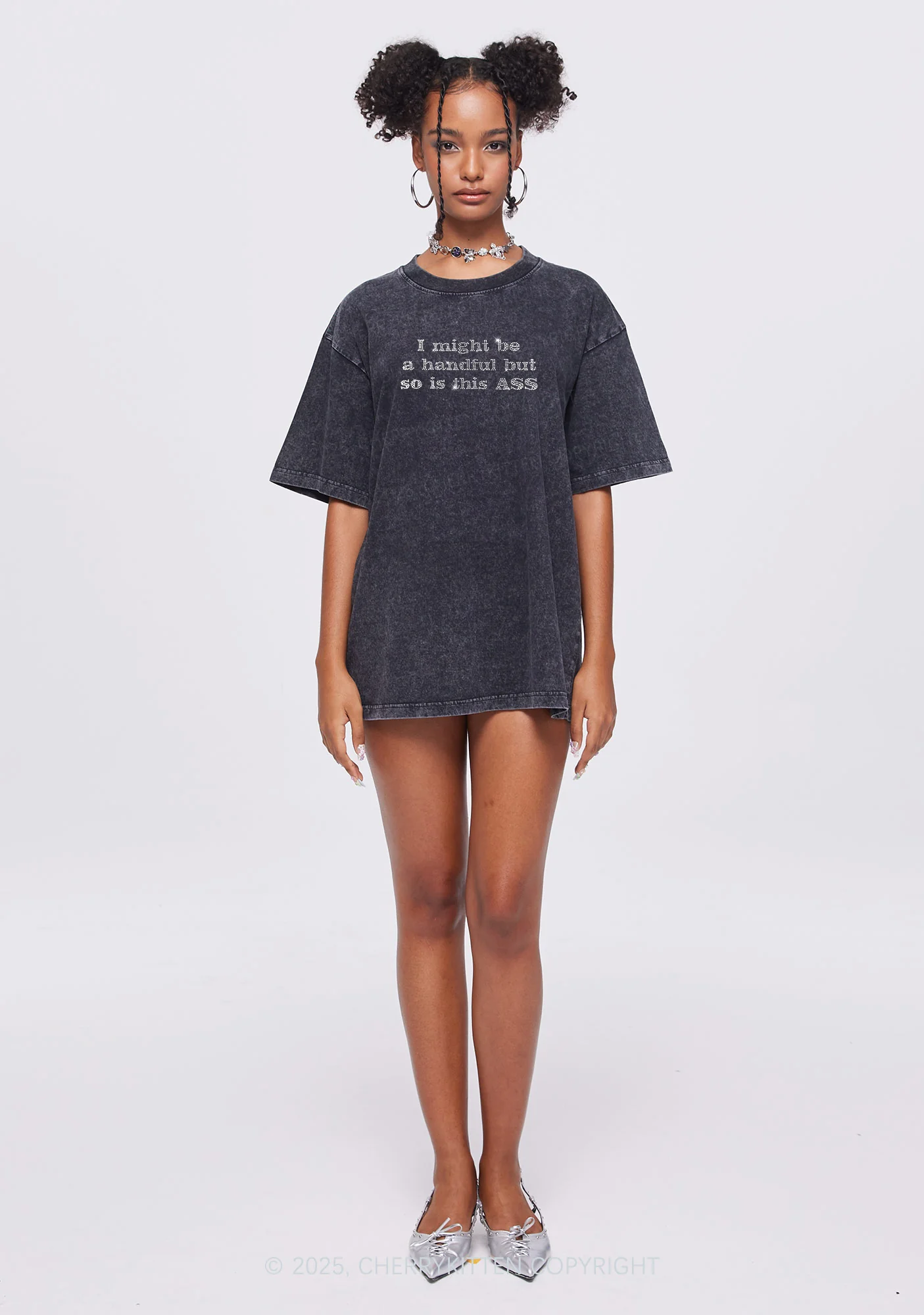 Rhinestone I Might Be Handful Y2K Shirts Washed Tee Cherrykitten - Image 2