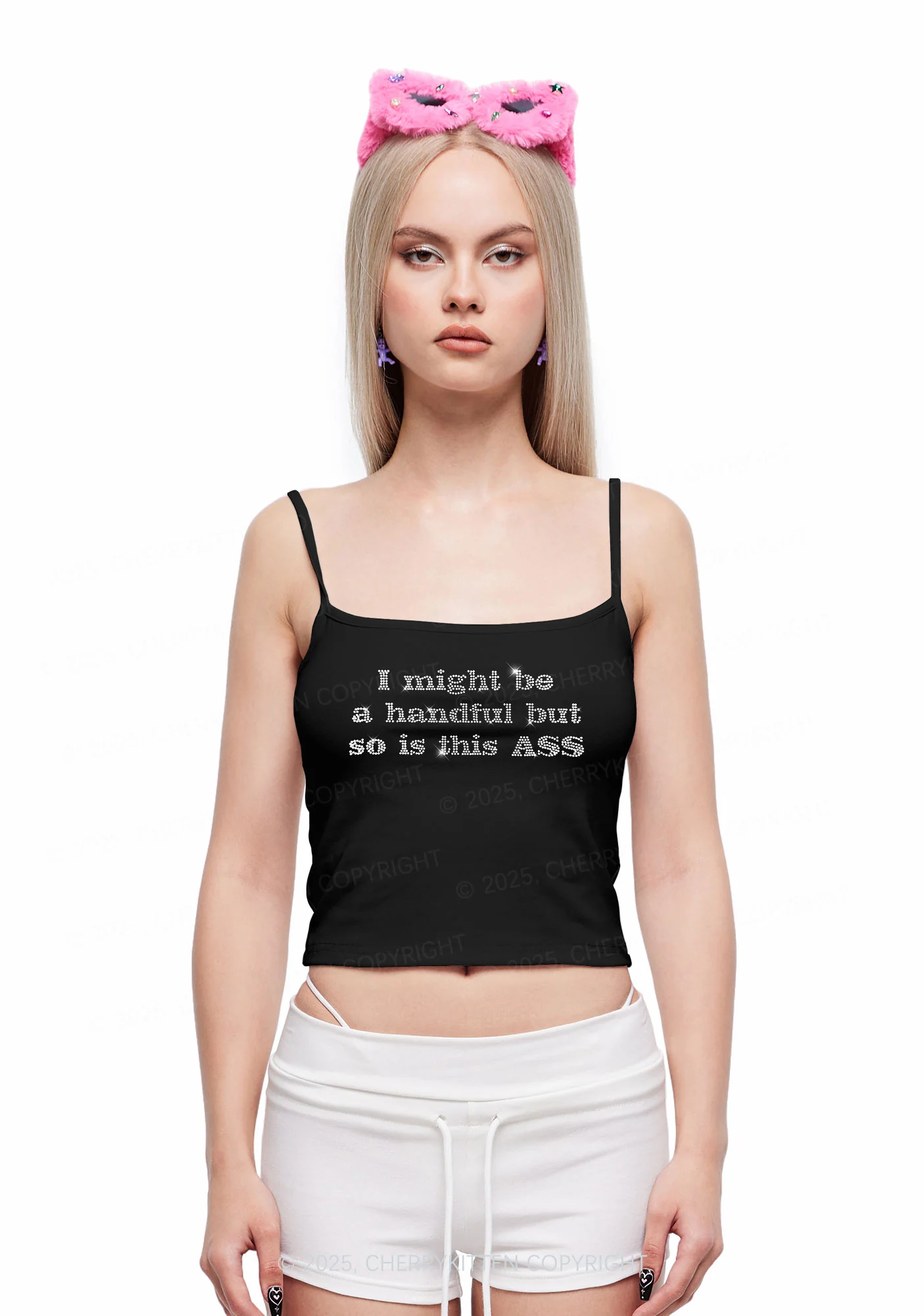 Rhinestone I Might Be Handful Y2K Spaghetti Strap Cami Cherrykitten - Image 2