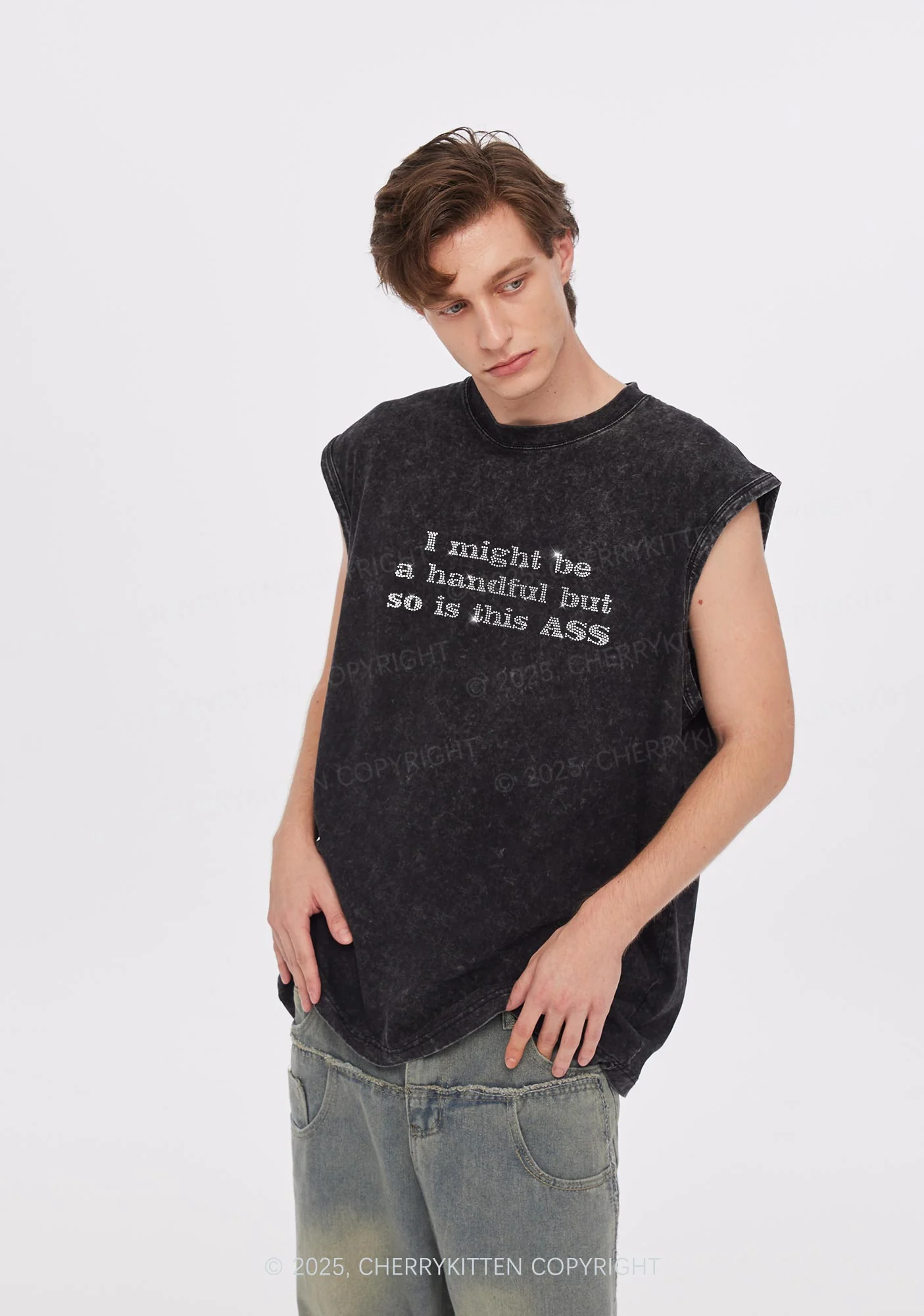Rhinestone I Might Be Handful Y2K Washed Muscle Tank Cherrykitten - Image 2