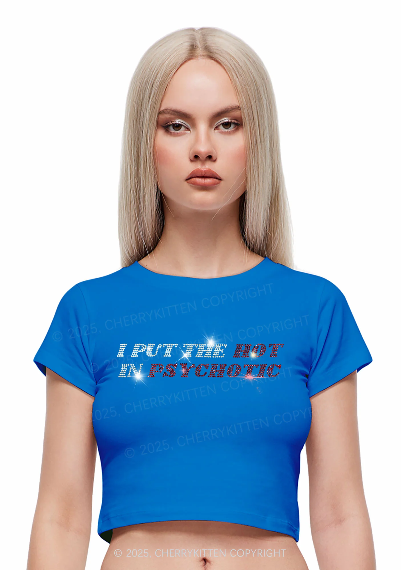 Rhinestone I Put The Hot In Psychotic Y2K Baby Tee Cherrykitten - Image 2