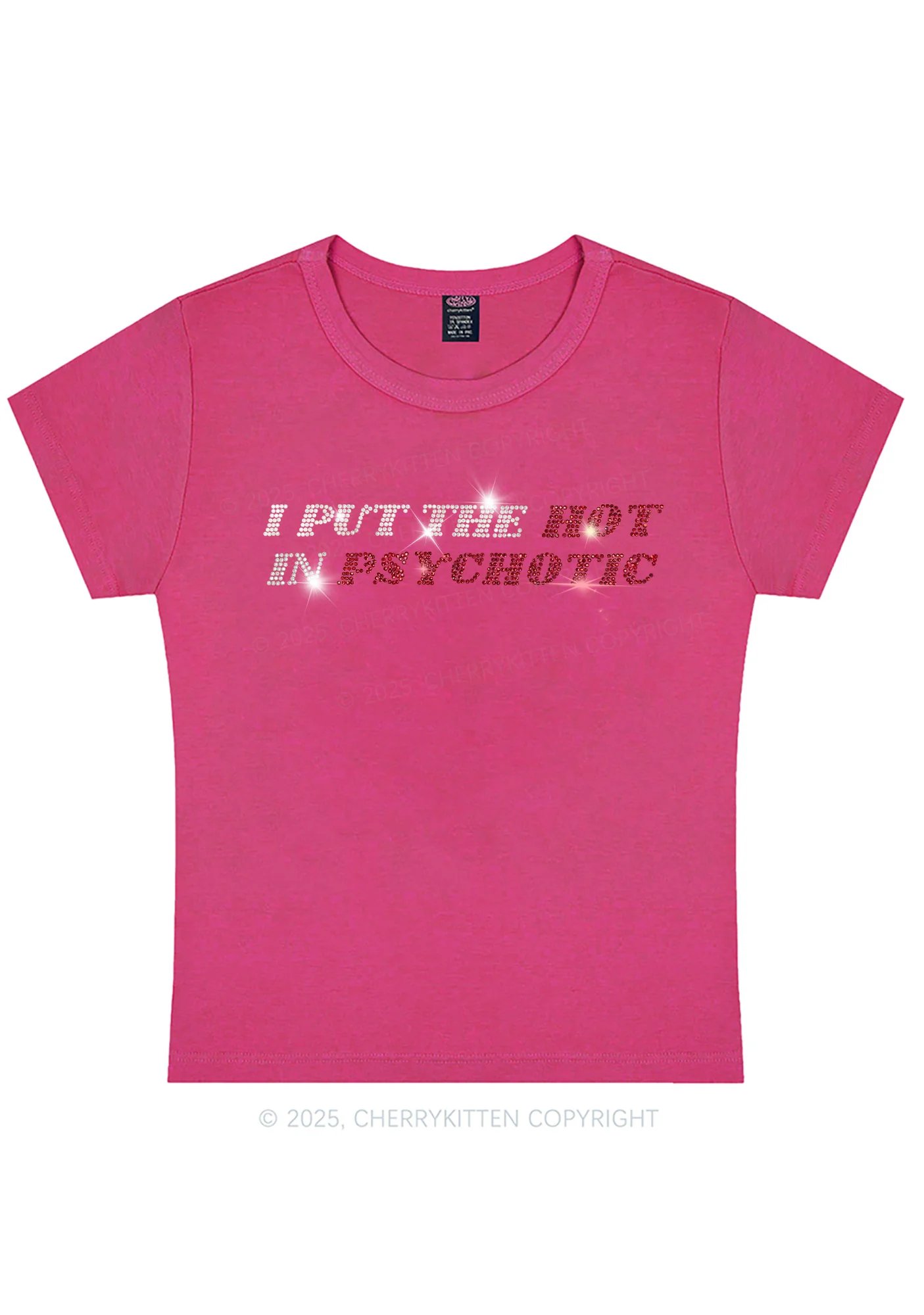 Rhinestone I Put The Hot In Psychotic Y2K Baby Tee Cherrykitten - Image 5
