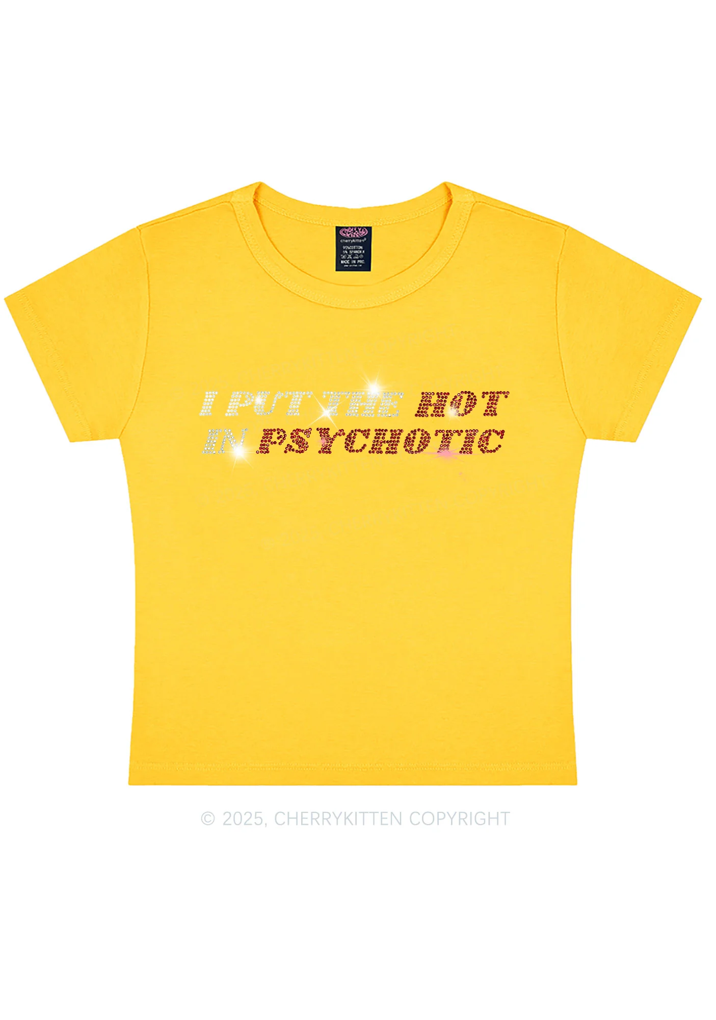Rhinestone I Put The Hot In Psychotic Y2K Baby Tee Cherrykitten - Image 6