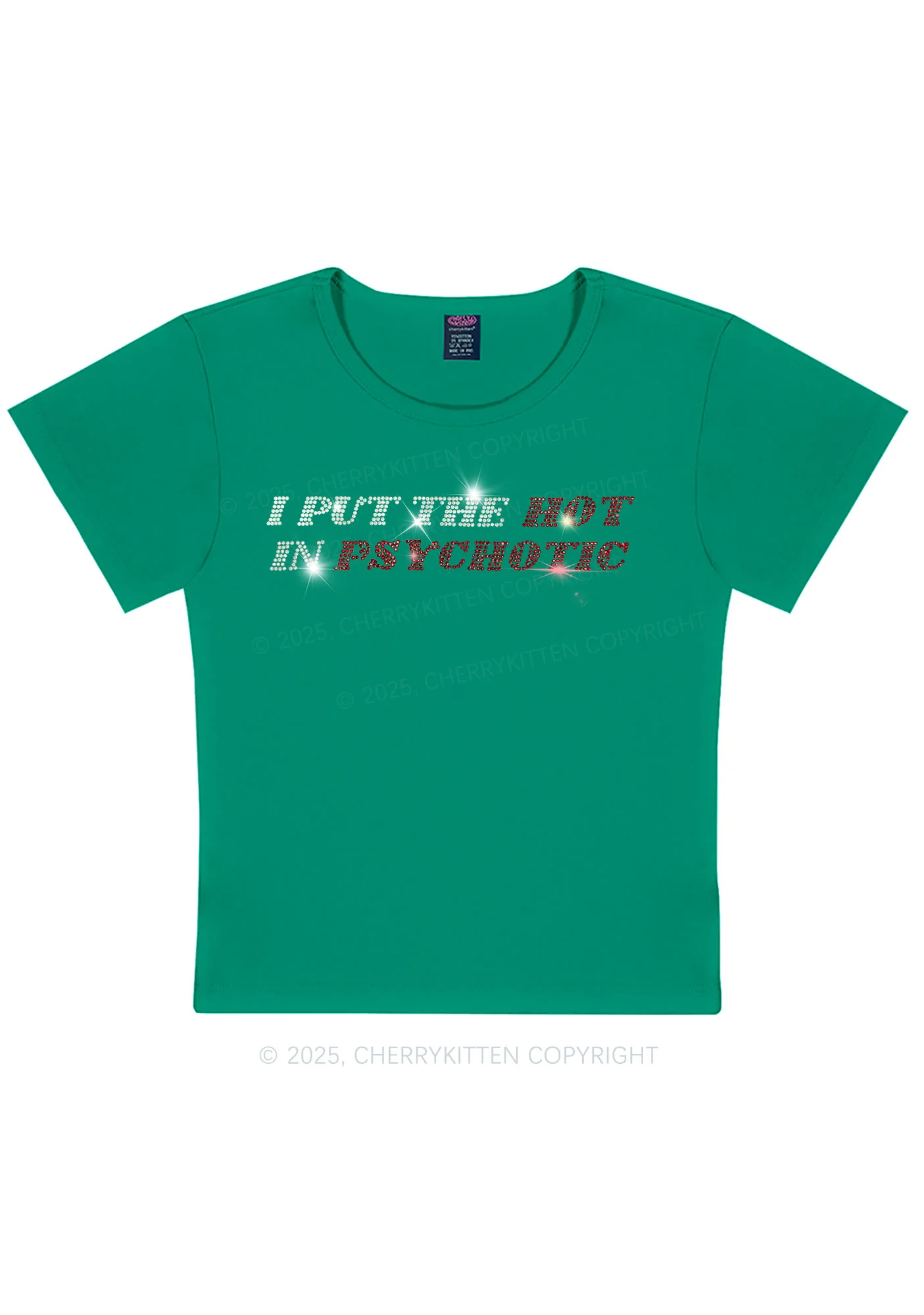 Rhinestone I Put The Hot In Psychotic Y2K Baby Tee Cherrykitten - Image 7