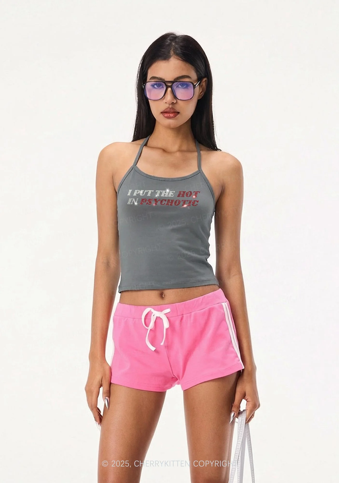 Rhinestone I Put The Hot In Psychotic Y2K Halter Neck Cami Cherrykitten - Image 2