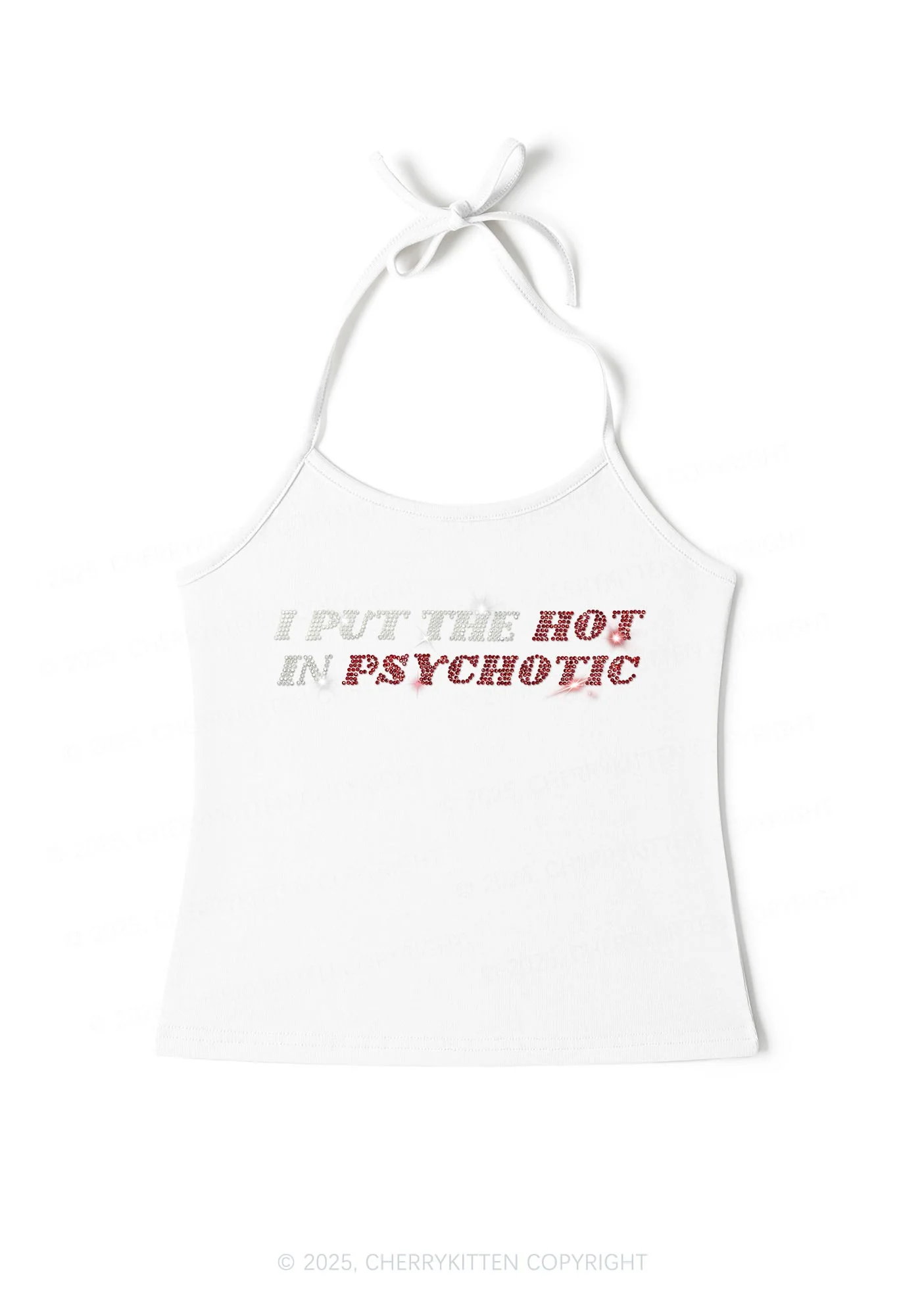 Rhinestone I Put The Hot In Psychotic Y2K Halter Neck Cami Cherrykitten - Image 3