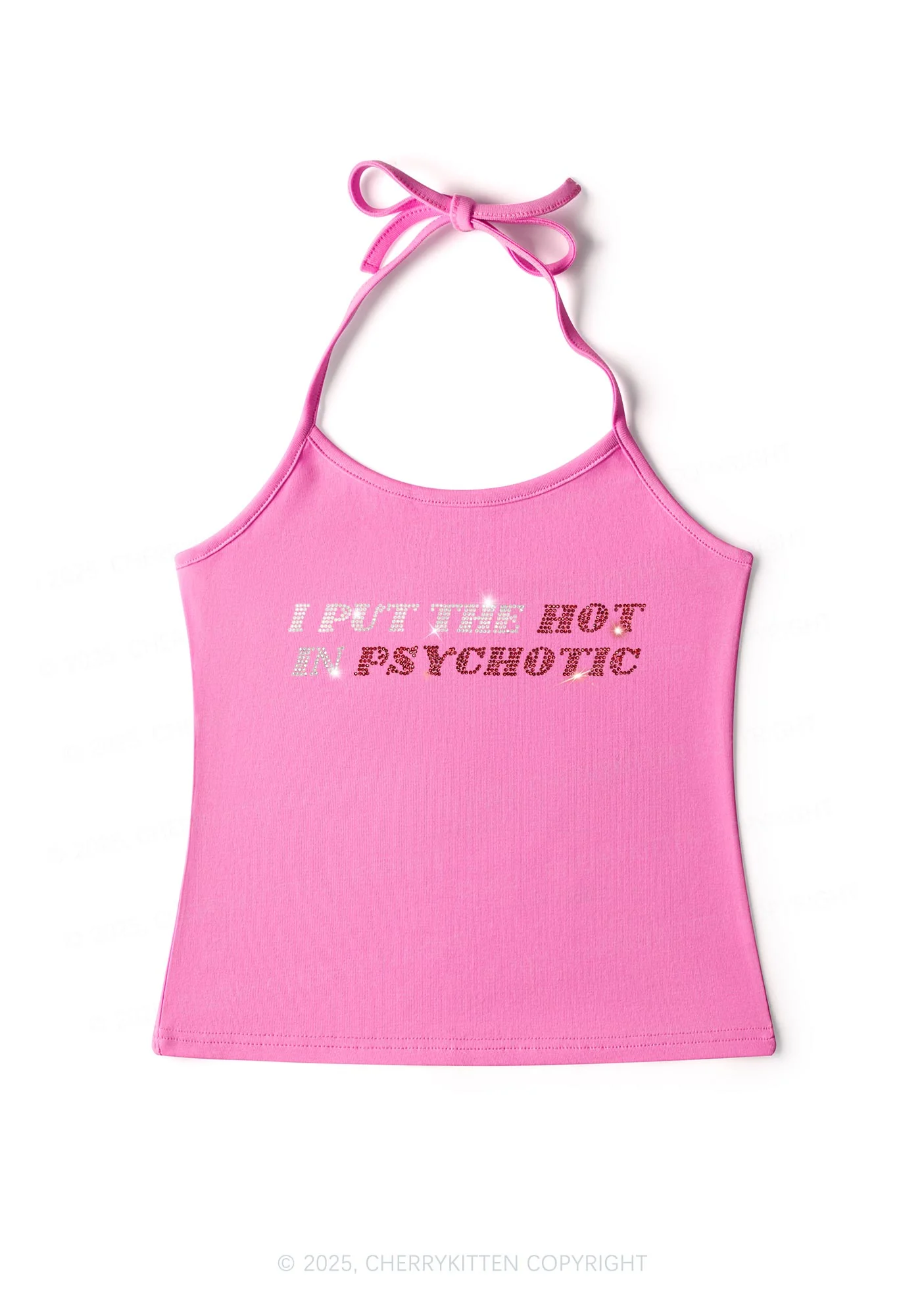 Rhinestone I Put The Hot In Psychotic Y2K Halter Neck Cami Cherrykitten - Image 4