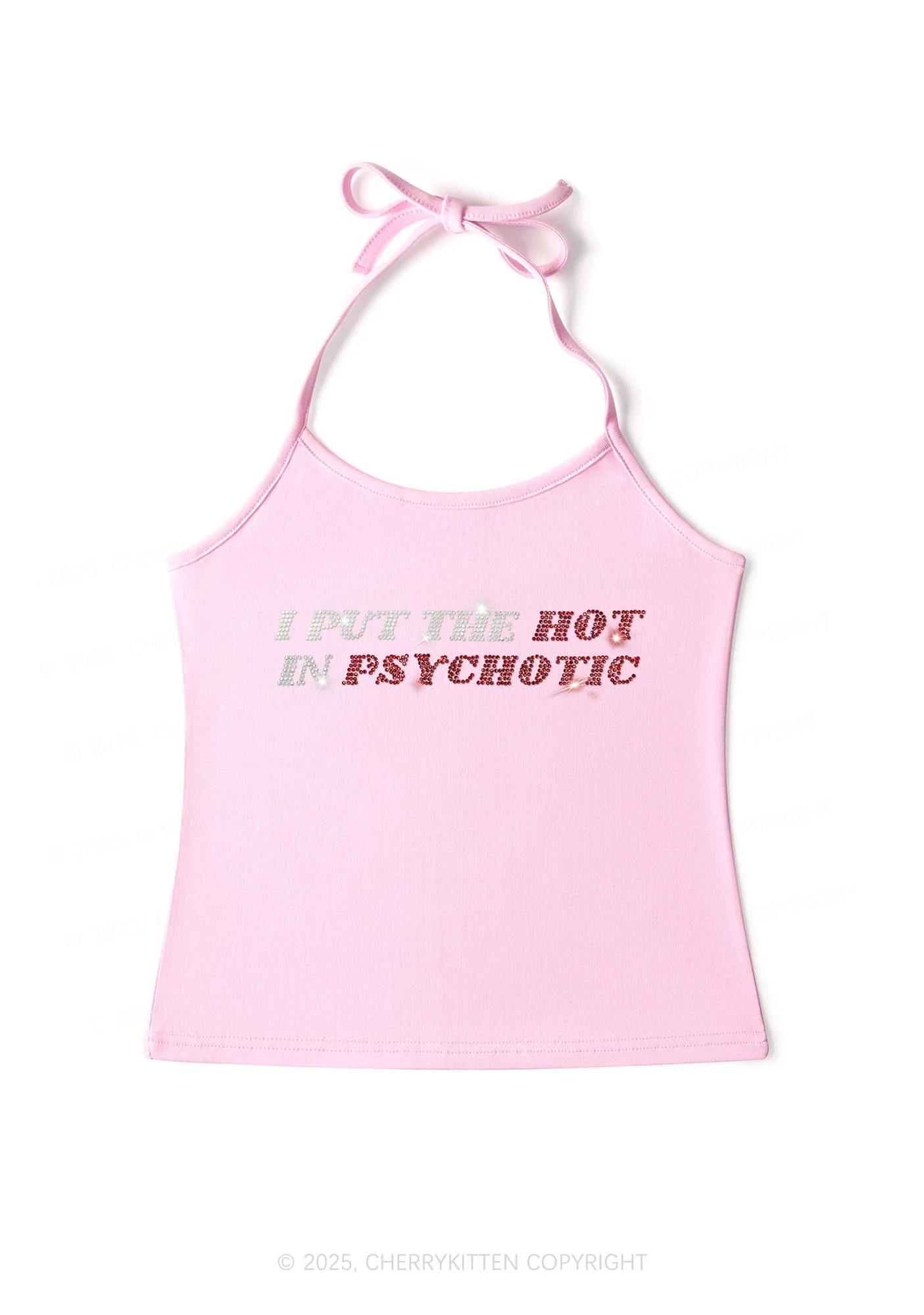 Rhinestone I Put The Hot In Psychotic Y2K Halter Neck Cami Cherrykitten - Image 5