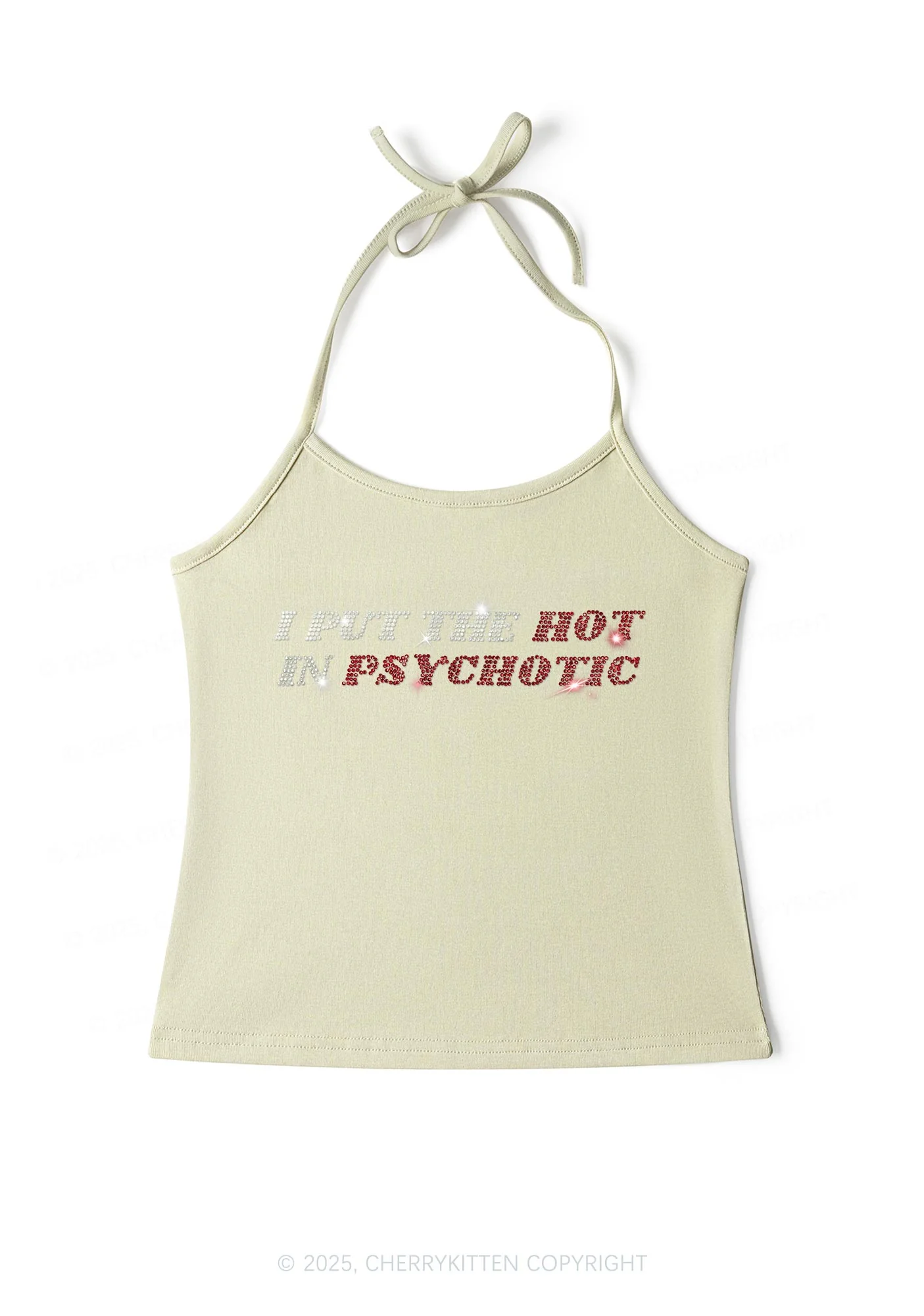 Rhinestone I Put The Hot In Psychotic Y2K Halter Neck Cami Cherrykitten - Image 6