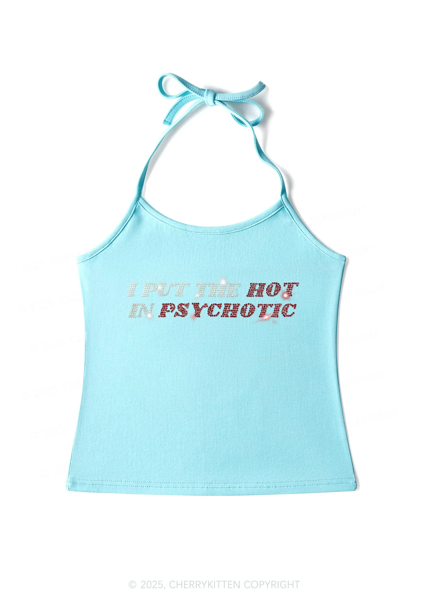Rhinestone I Put The Hot In Psychotic Y2K Halter Neck Cami Cherrykitten - Image 7