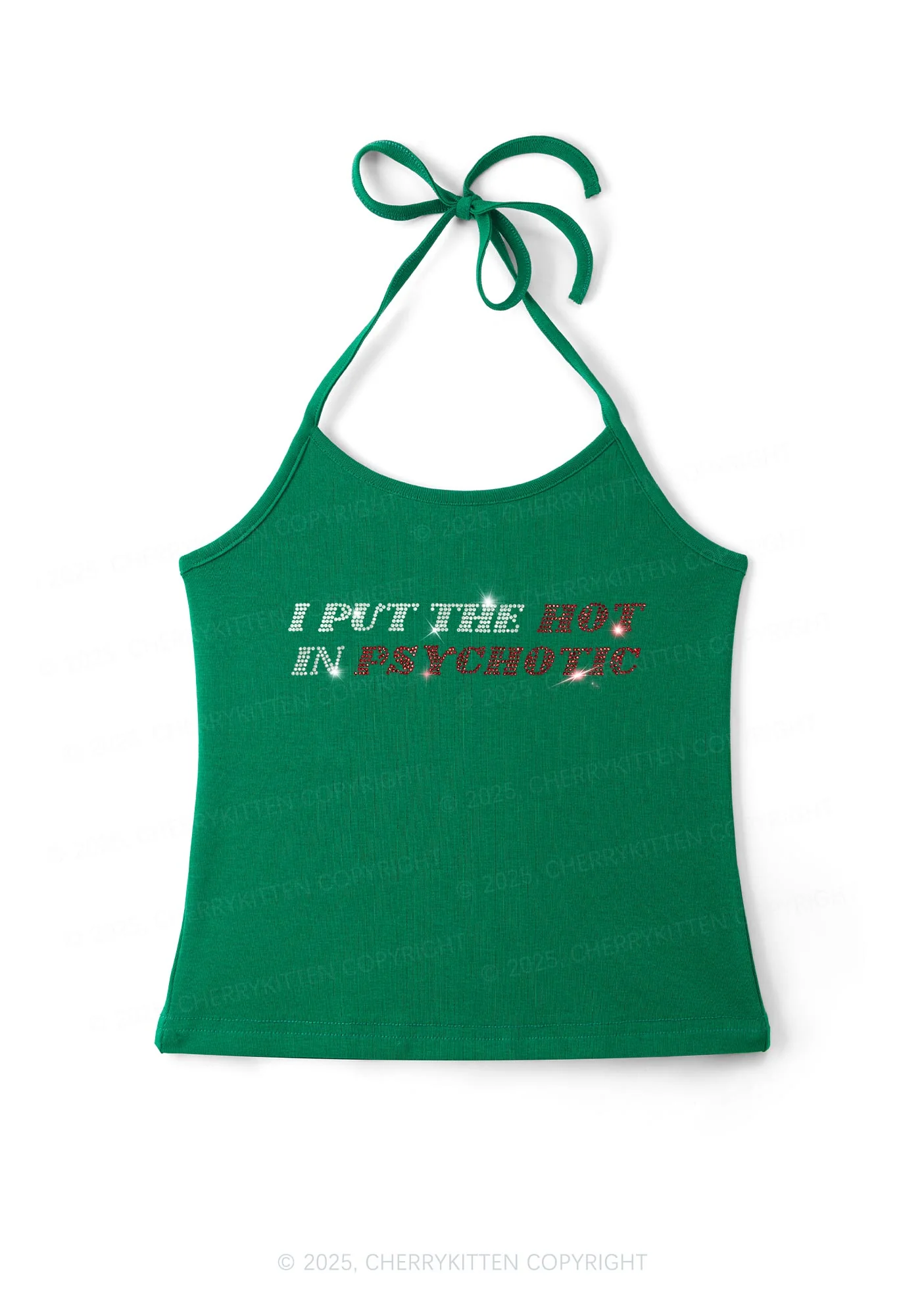 Rhinestone I Put The Hot In Psychotic Y2K Halter Neck Cami Cherrykitten - Image 8