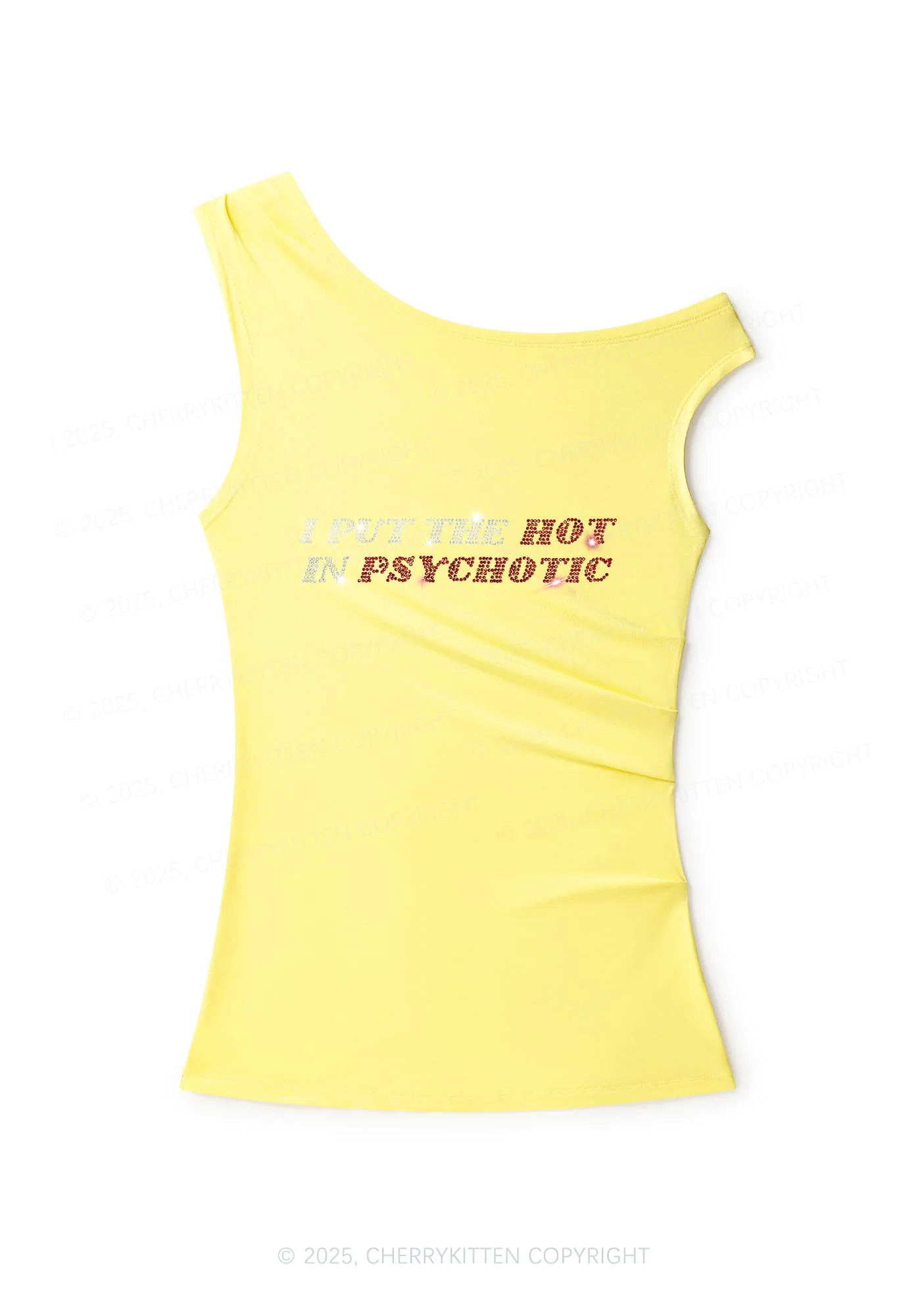 Rhinestone I Put The Hot In Psychotic Y2K Off Shoulder Tank Top Cherrykitten - Image 3