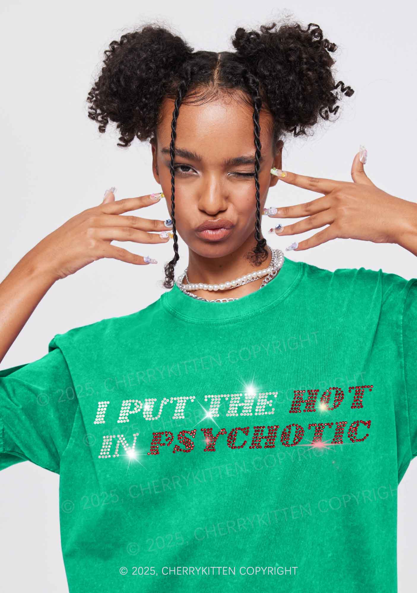 Rhinestone I Put The Hot In Psychotic Y2K Shirts Washed Tee Cherrykitten - Image 2