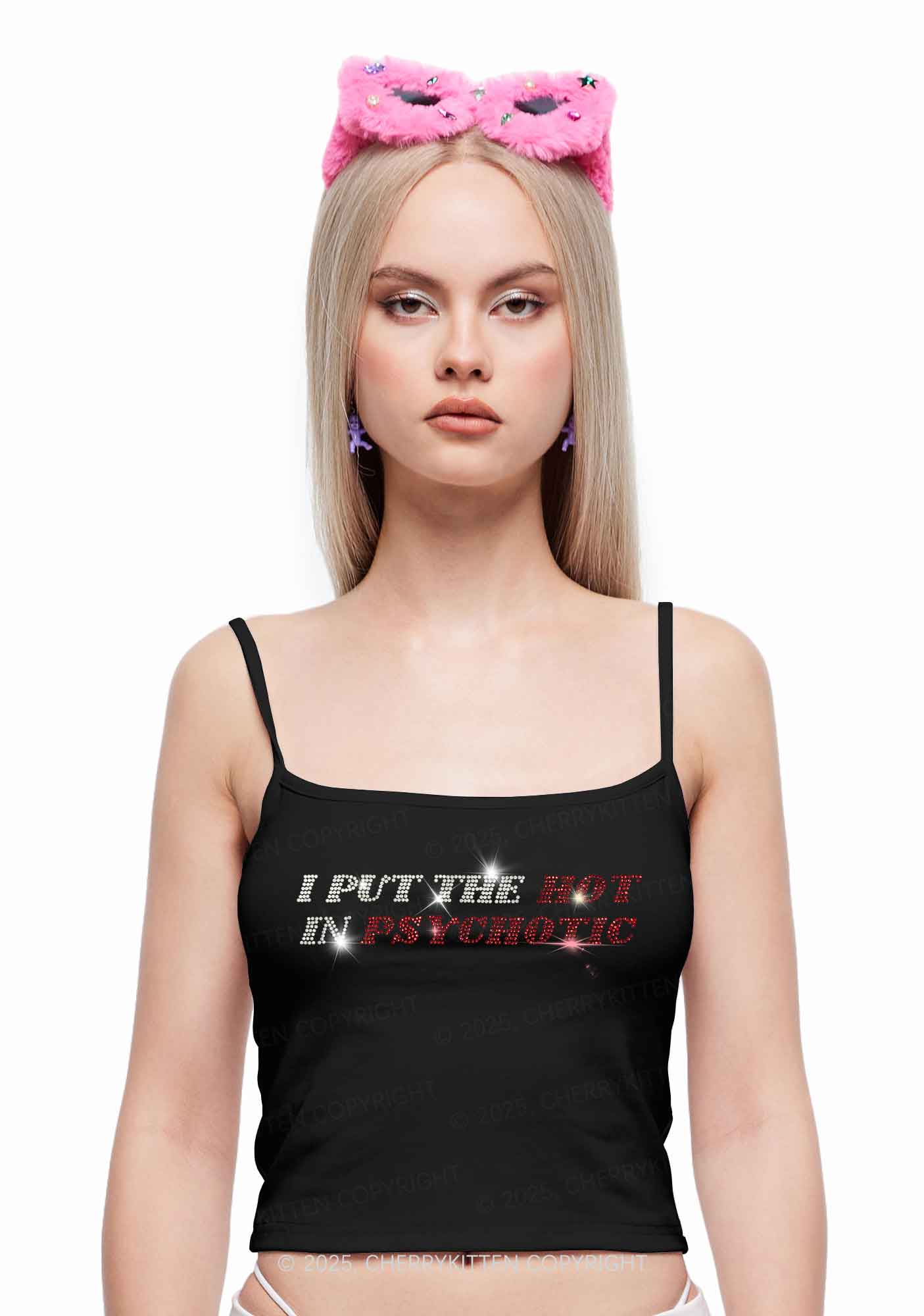 Rhinestone I Put The Hot In Psychotic Y2K Spaghetti Strap Cami Cherrykitten - Image 2
