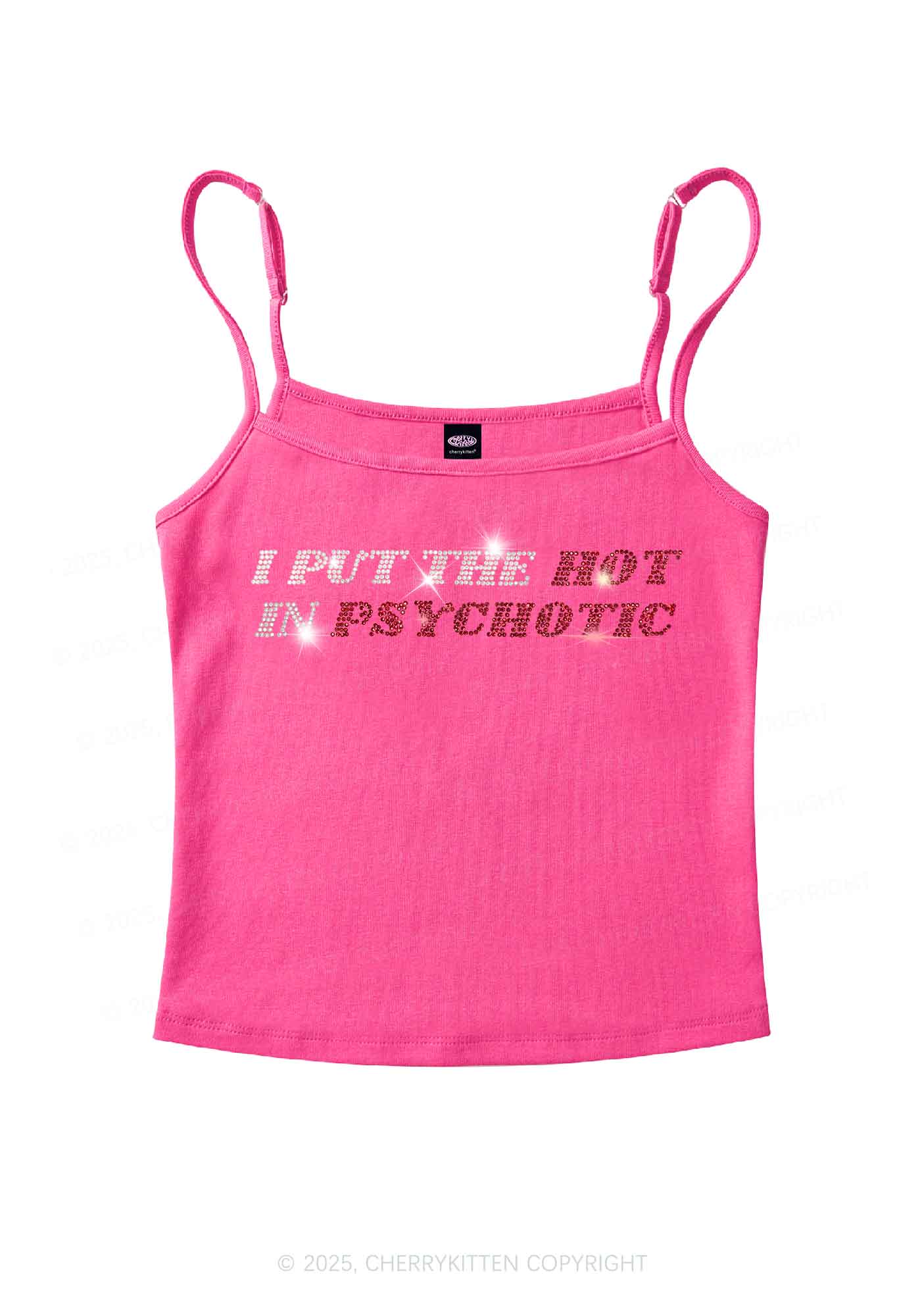 Rhinestone I Put The Hot In Psychotic Y2K Spaghetti Strap Cami Cherrykitten - Image 4