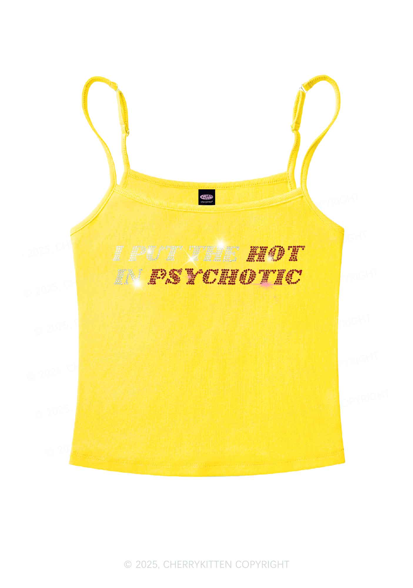 Rhinestone I Put The Hot In Psychotic Y2K Spaghetti Strap Cami Cherrykitten - Image 5