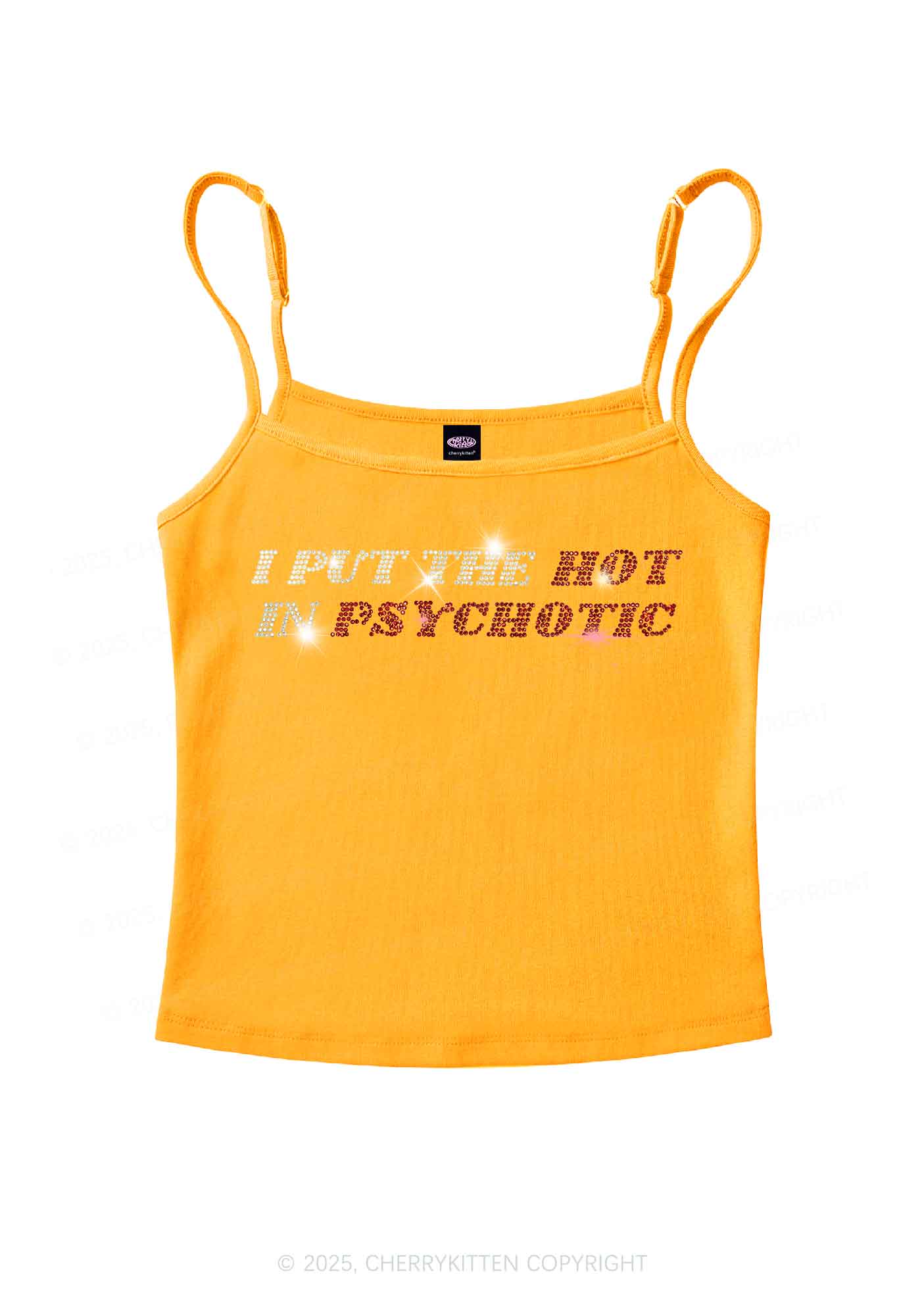 Rhinestone I Put The Hot In Psychotic Y2K Spaghetti Strap Cami Cherrykitten - Image 6