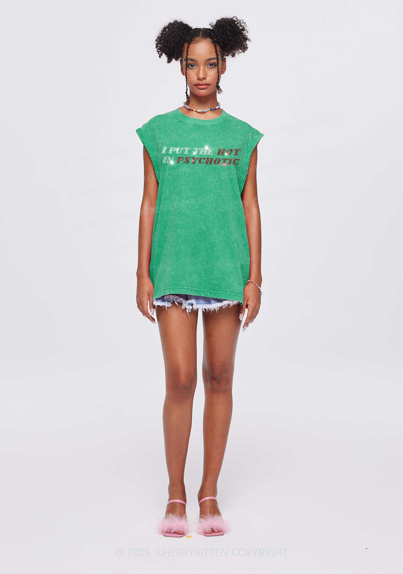 Rhinestone I Put The Hot In Psychotic Y2K Washed Muscle Tank Cherrykitten - Image 2