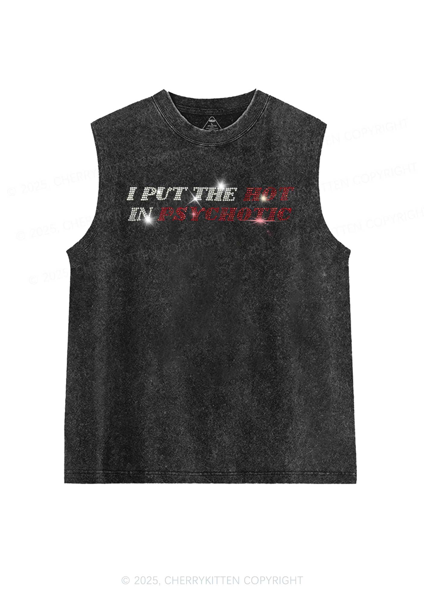 Rhinestone I Put The Hot In Psychotic Y2K Washed Muscle Tank Cherrykitten - Image 3