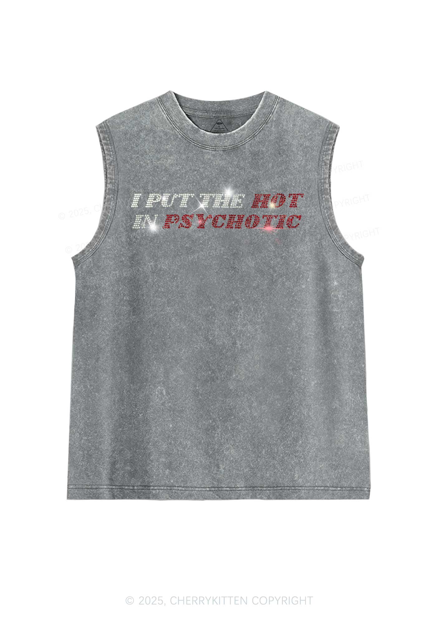 Rhinestone I Put The Hot In Psychotic Y2K Washed Muscle Tank Cherrykitten - Image 6