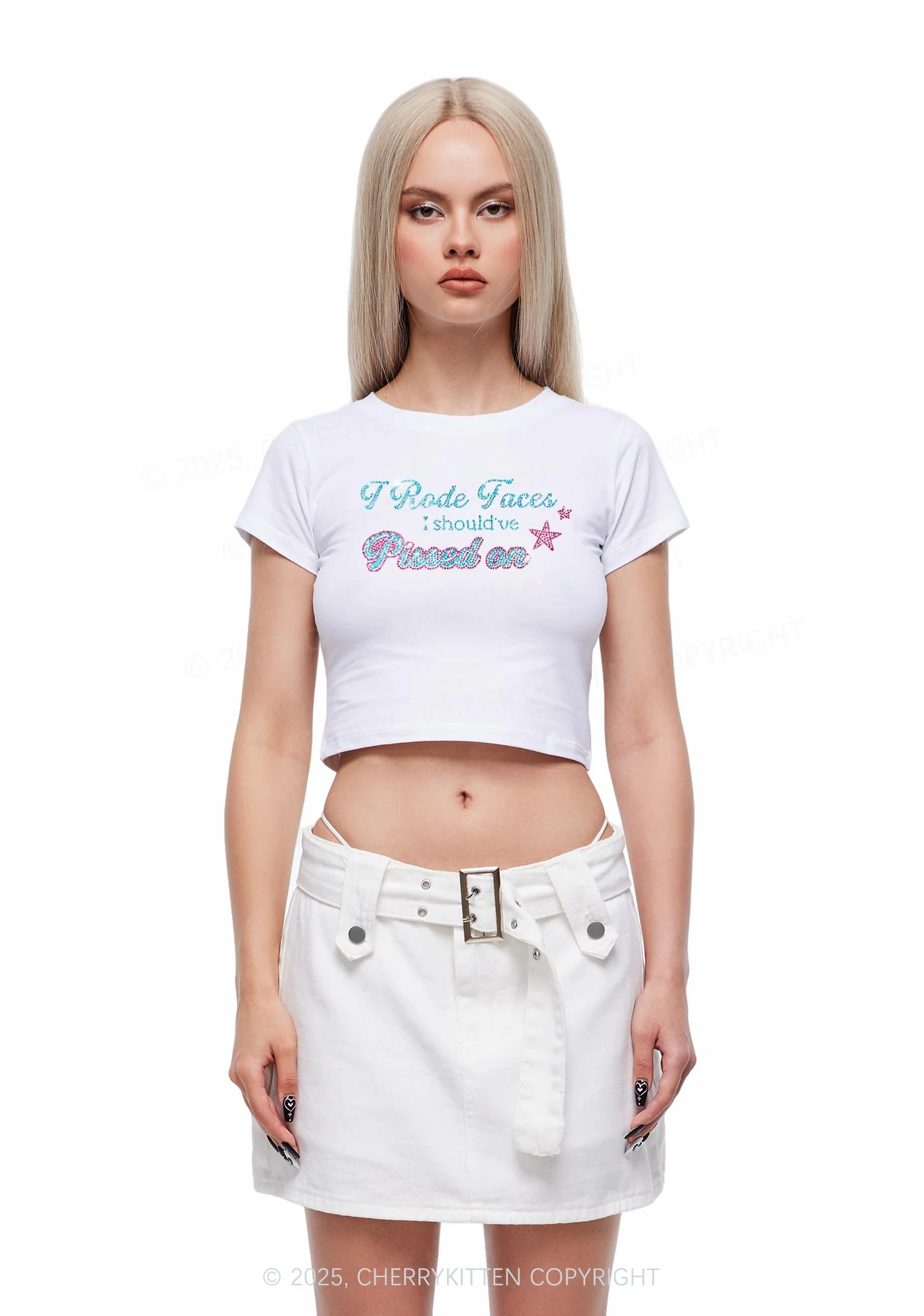 Rhinestone I Rode Faces Y2K Baby Tee Cherrykitten - Image 2