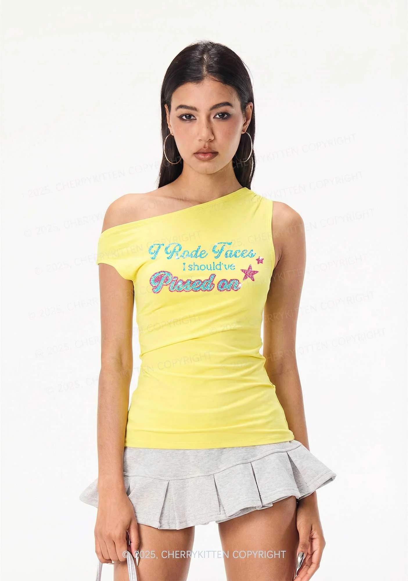 Rhinestone I Rode Faces Y2K Off Shoulder Tank Top Cherrykitten - Image 2