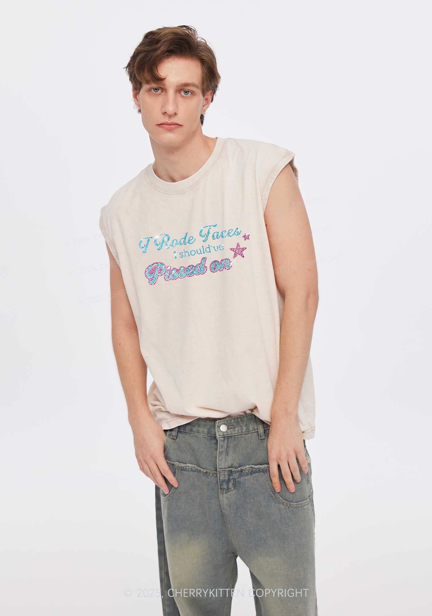Rhinestone I Rode Faces Y2K Washed Muscle Tank Cherrykitten - Image 2