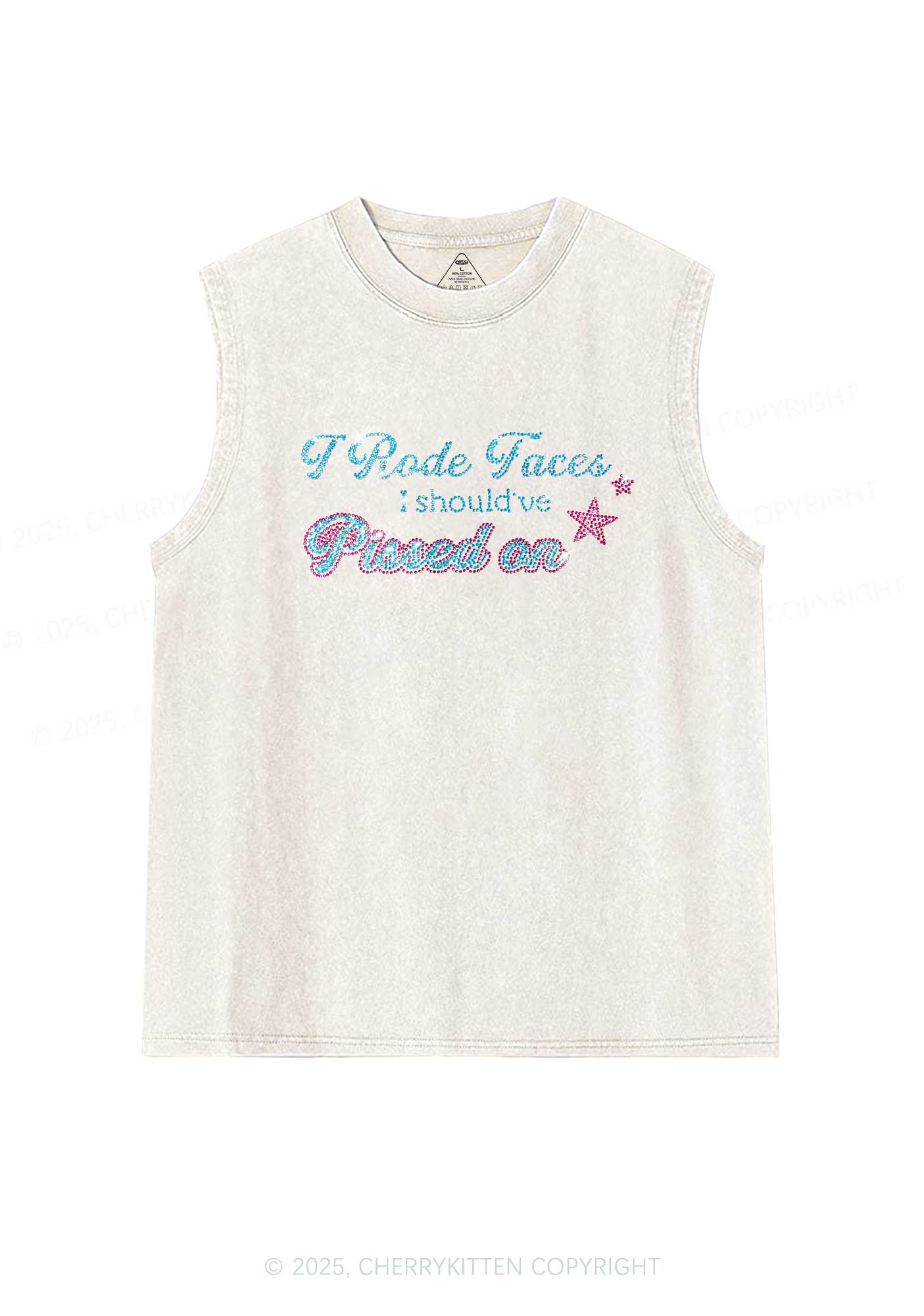 Rhinestone I Rode Faces Y2K Washed Muscle Tank Cherrykitten - Image 3
