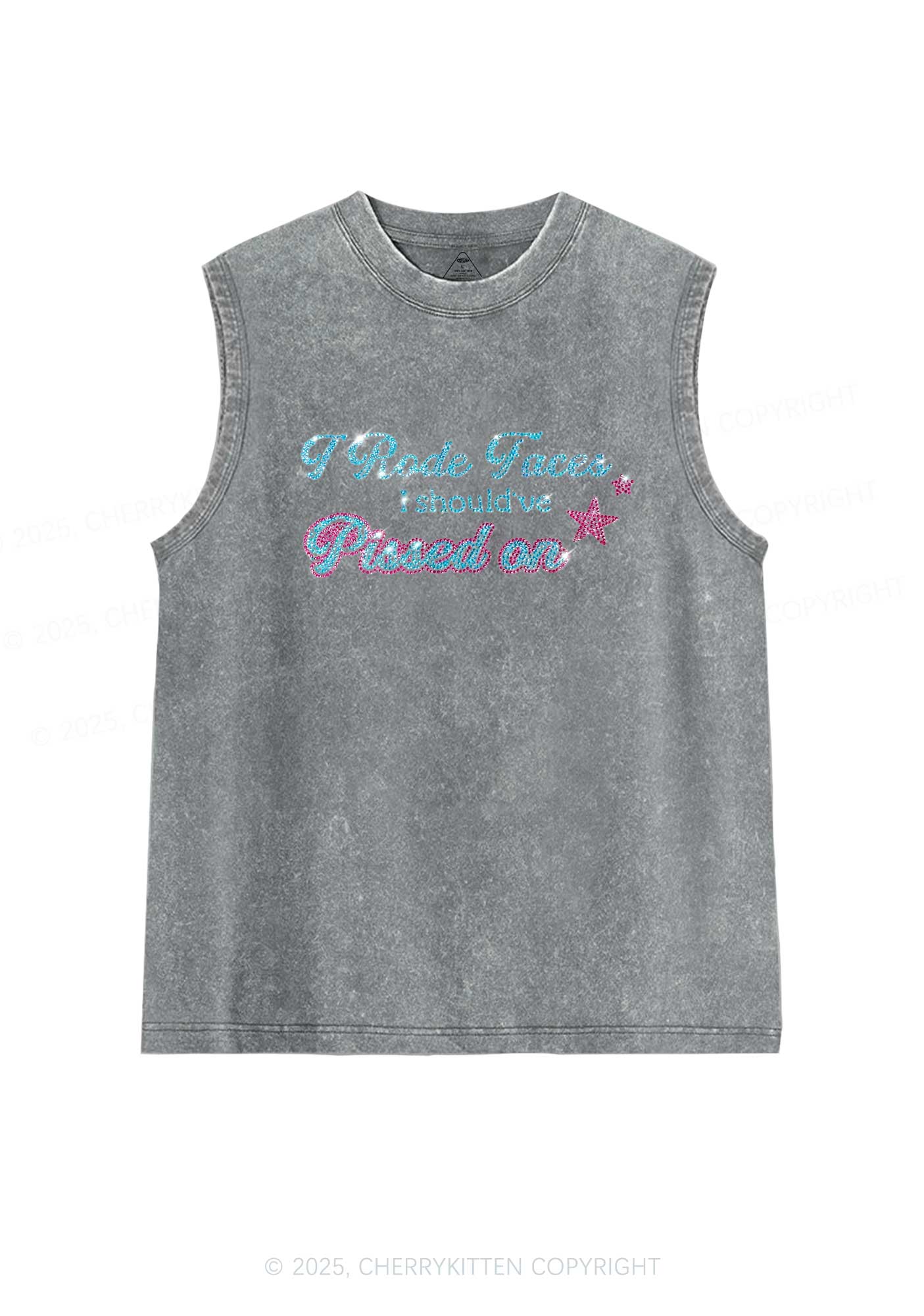 Rhinestone I Rode Faces Y2K Washed Muscle Tank Cherrykitten - Image 5