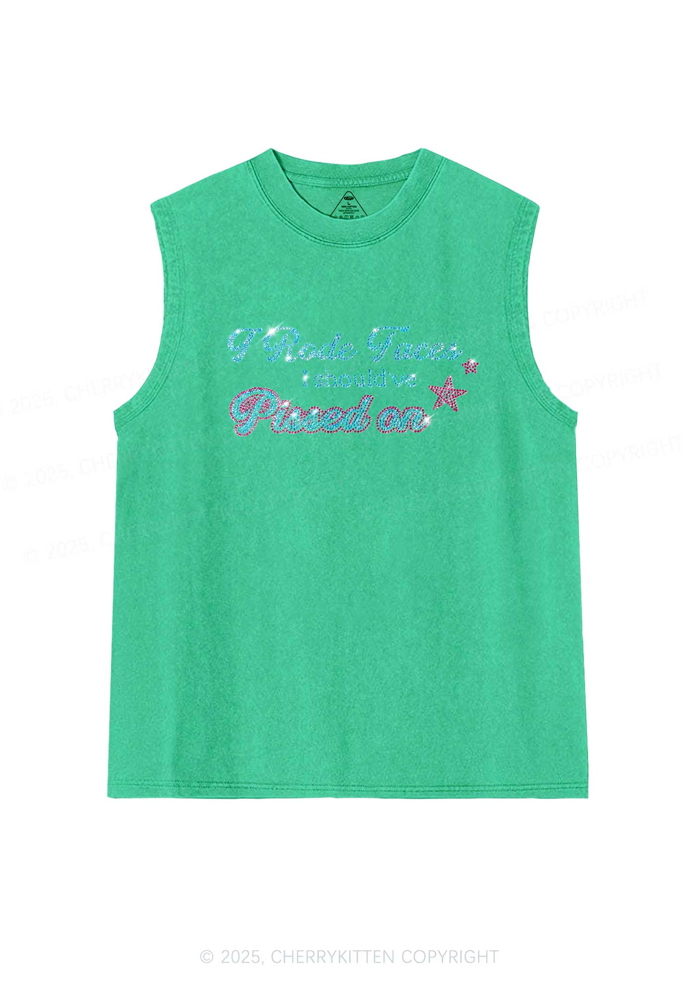 Rhinestone I Rode Faces Y2K Washed Muscle Tank Cherrykitten - Image 7