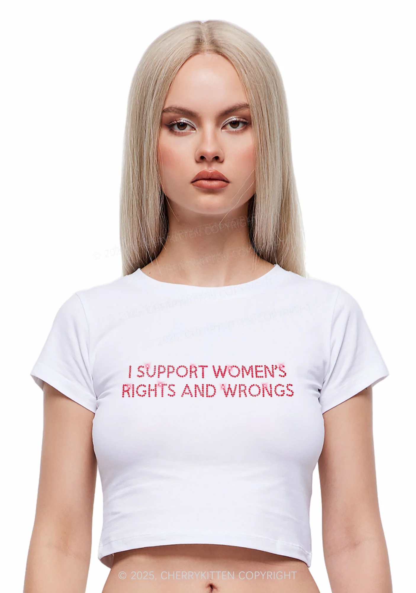 Rhinestone I Support Women Y2K Baby Tee Cherrykitten - Image 2
