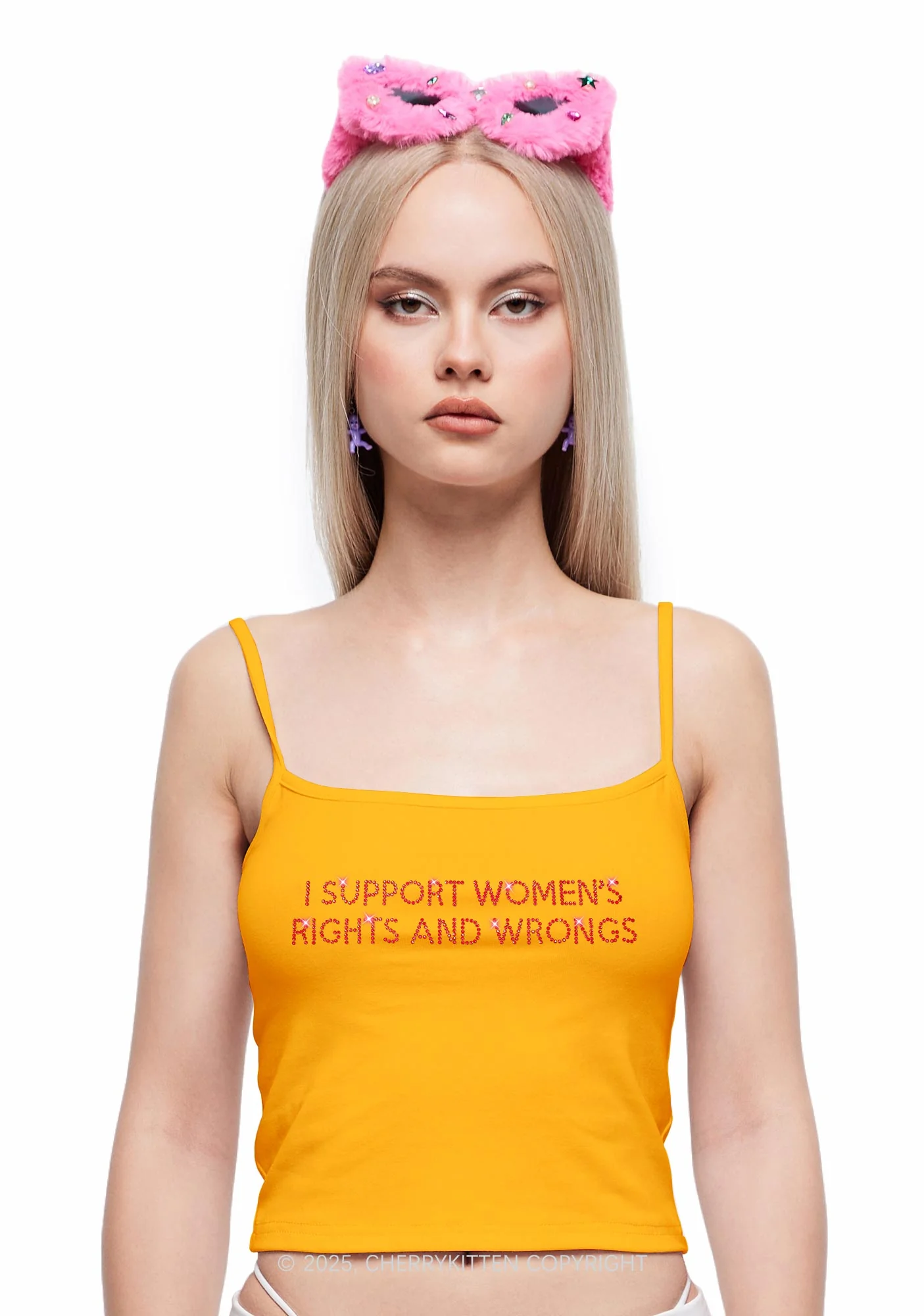 Rhinestone I Support Women Y2K Spaghetti Strap Cami Cherrykitten - Image 2