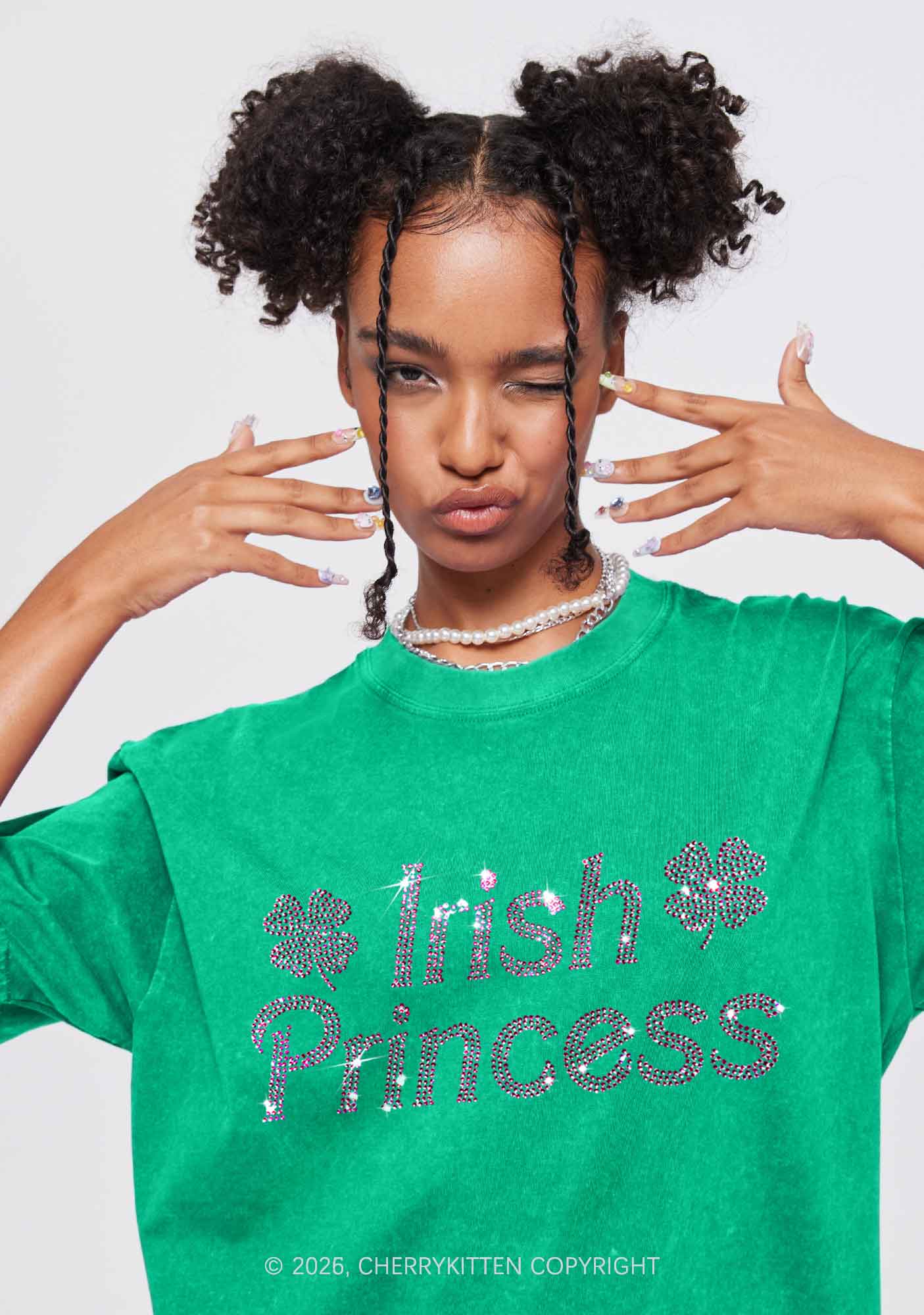 Rhinestone Irish Princess St Patricks Y2K Shirts Washed Tee Cherrykitten - Image 2