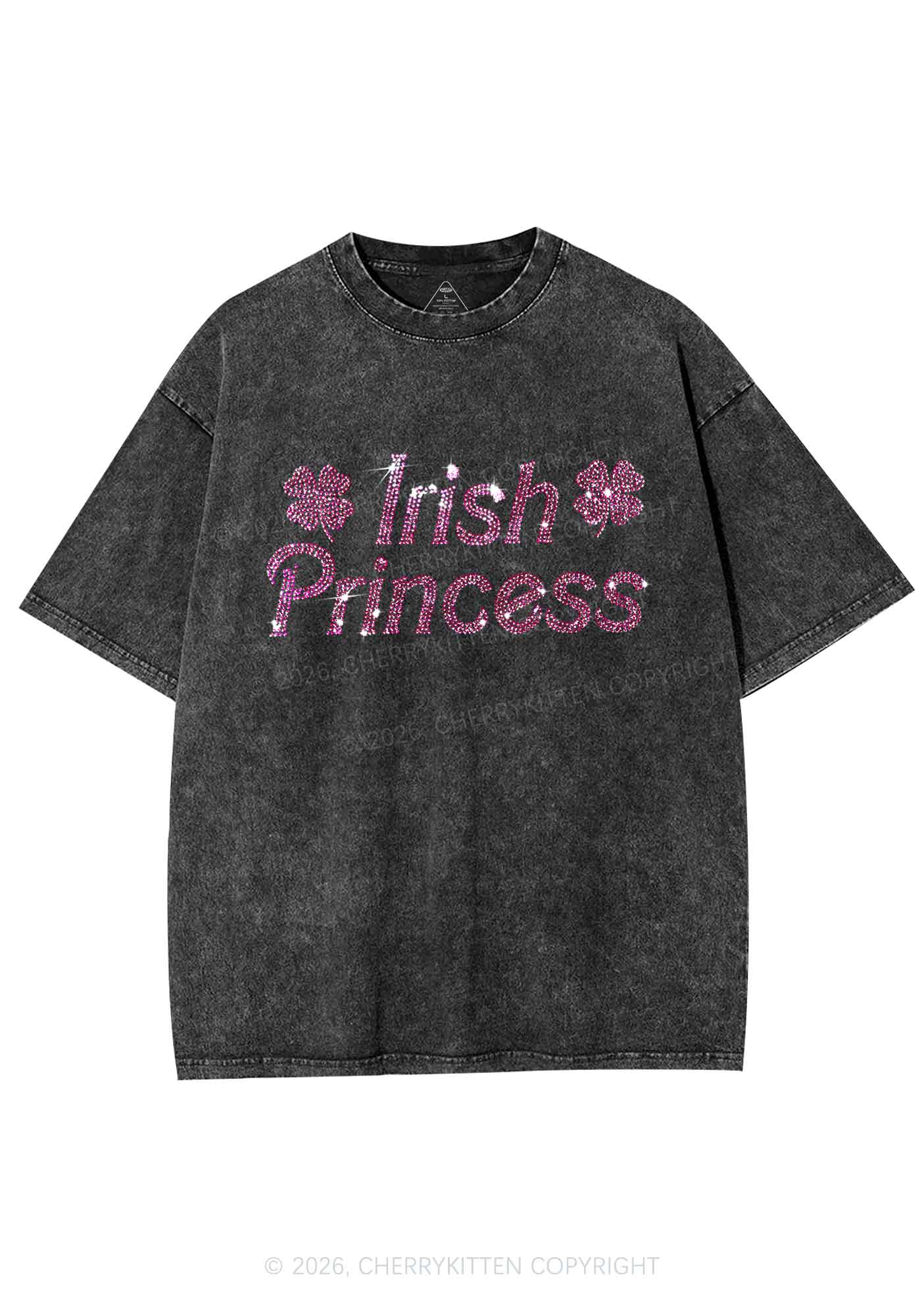 Rhinestone Irish Princess St Patricks Y2K Shirts Washed Tee Cherrykitten - Image 4