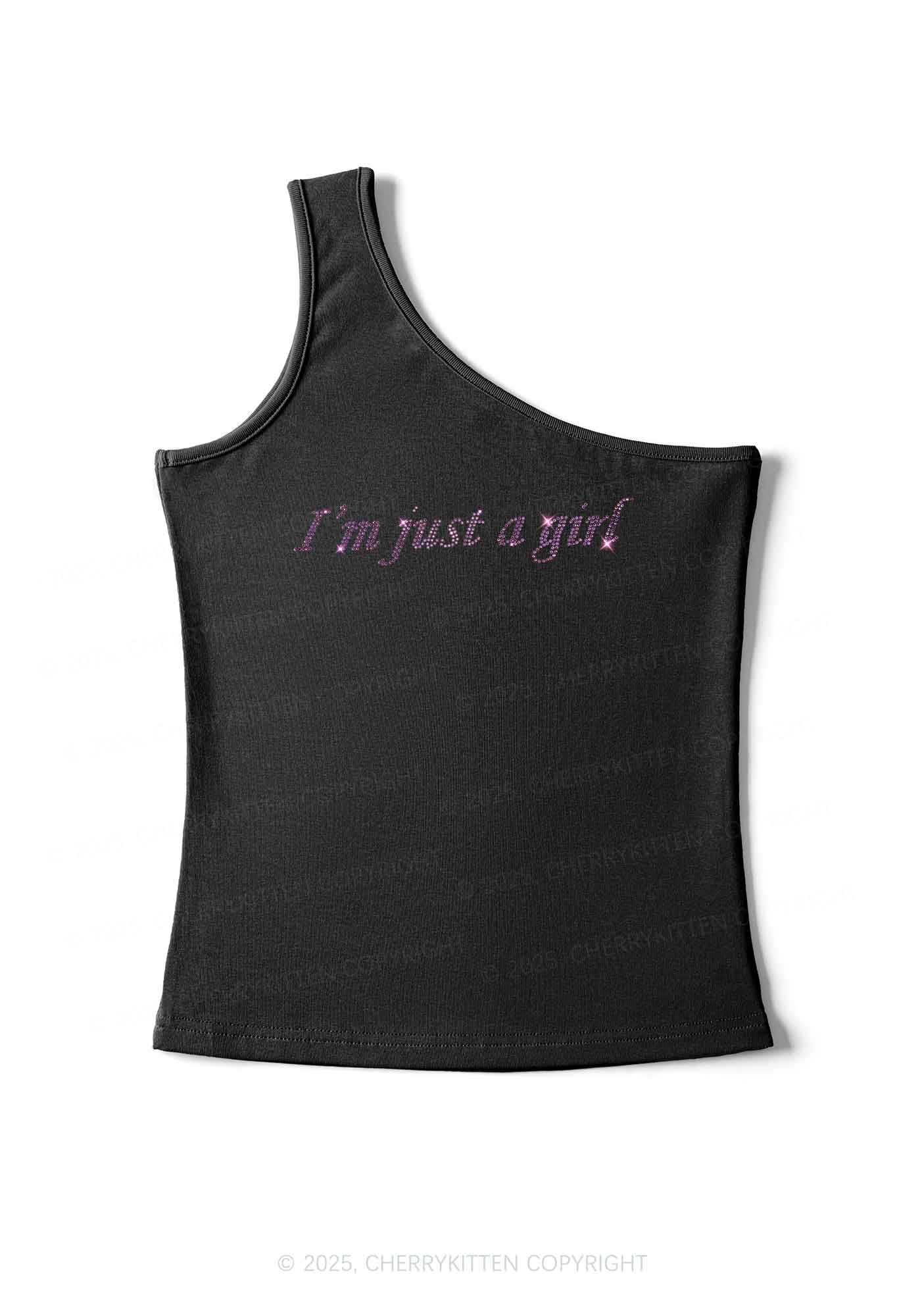 Rhinestone Just A Girl Y2K One Shoulder Tank Top Cherrykitten - Image 2