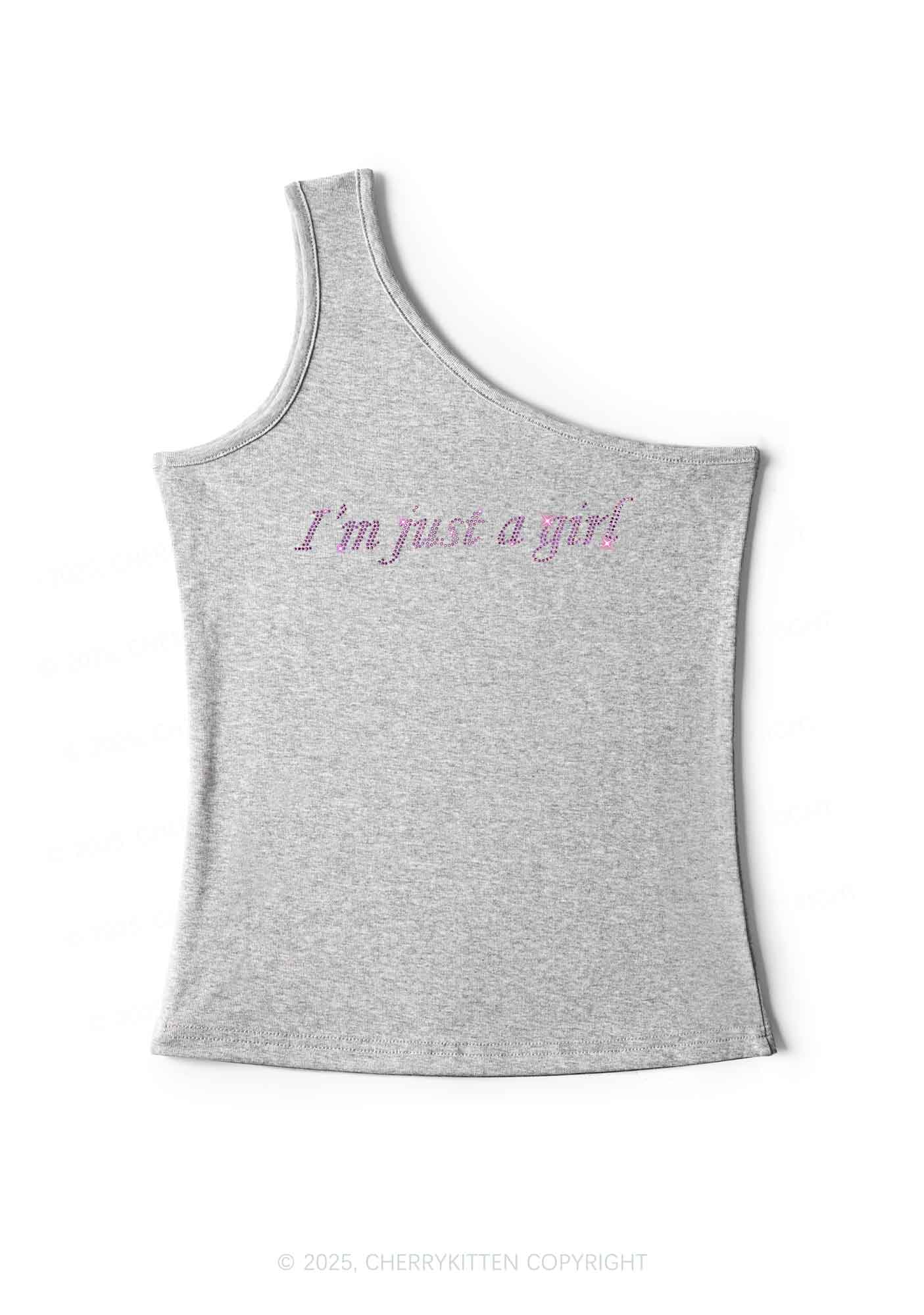 Rhinestone Just A Girl Y2K One Shoulder Tank Top Cherrykitten - Image 3