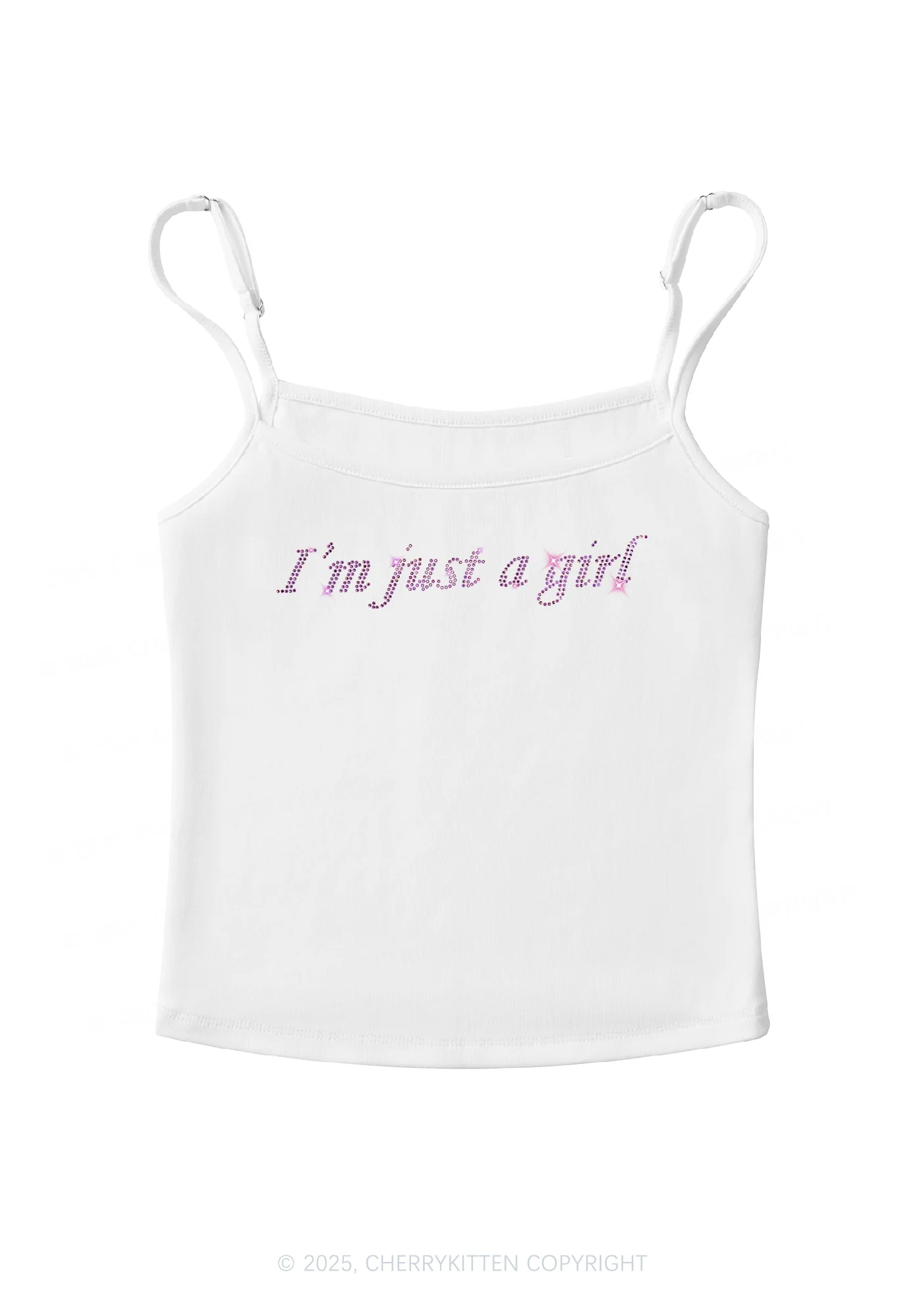 Rhinestone Just A Girl Y2K Spaghetti Strap Cami Cherrykitten - Image 3