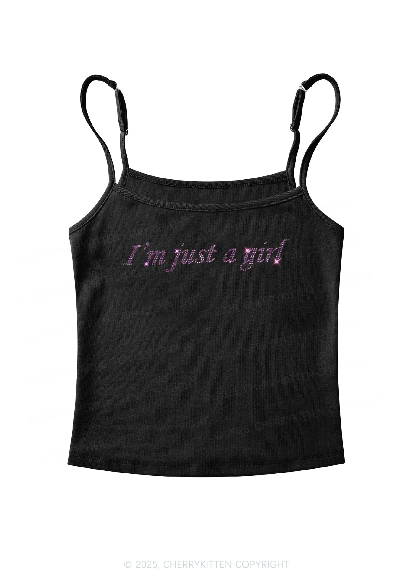 Rhinestone Just A Girl Y2K Spaghetti Strap Cami Cherrykitten - Image 4