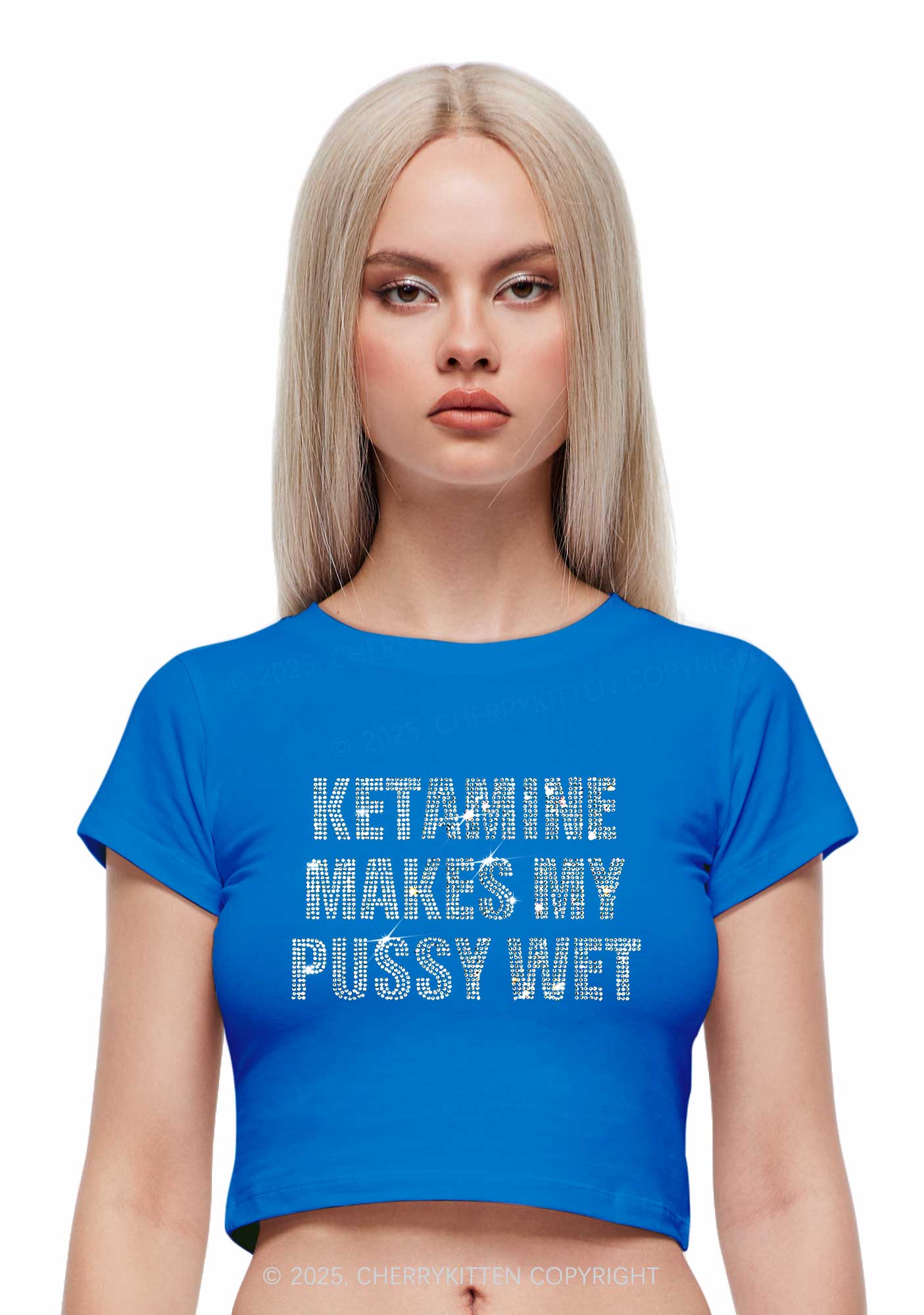 Rhinestone K Makes My Puxxy Wet Y2K Baby Tee Cherrykitten - Image 2