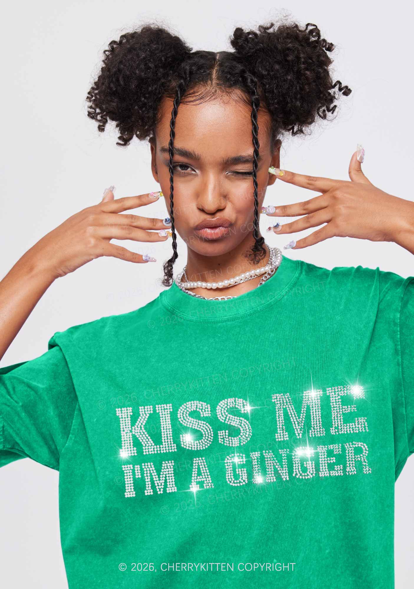 Rhinestone Kiss Me Im Ginger St Patricks Y2K Shirts Washed Tee Cherrykitten - Image 2