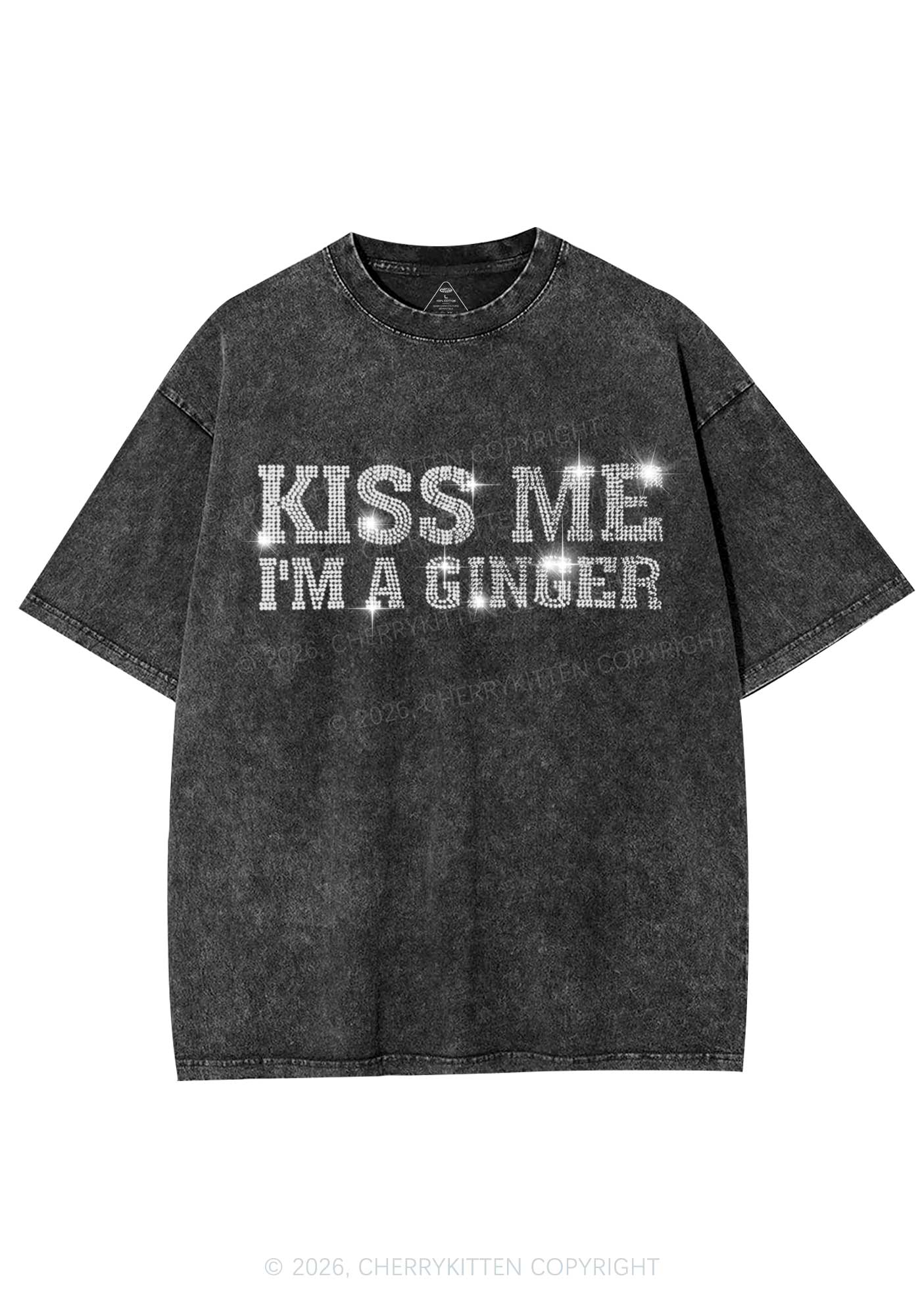 Rhinestone Kiss Me Im Ginger St Patricks Y2K Shirts Washed Tee Cherrykitten - Image 3