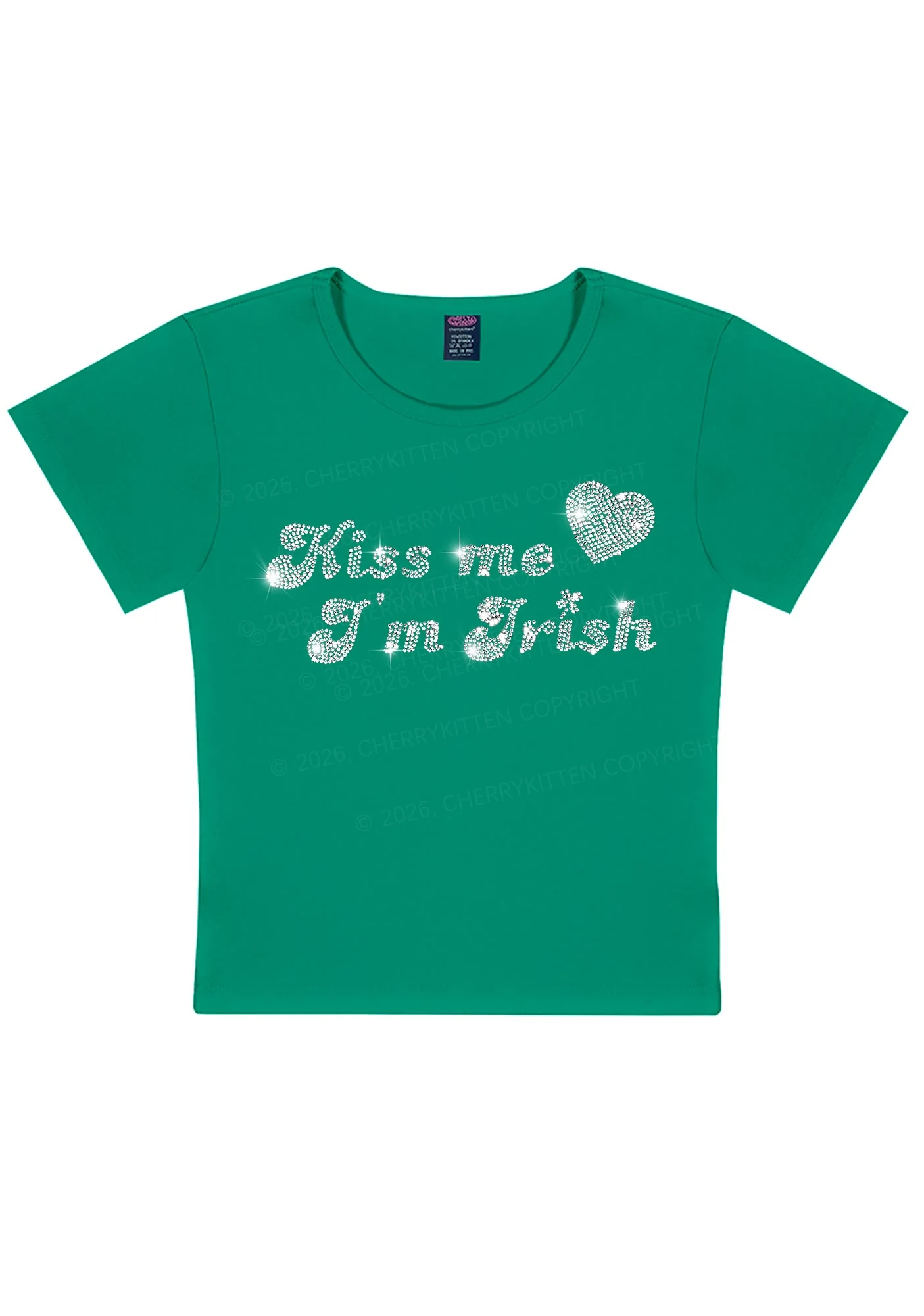 Rhinestone Kiss Me St Patricks Y2K Baby Tee Cherrykitten - Image 3