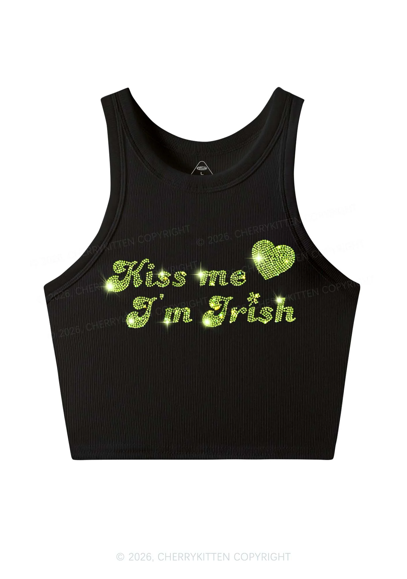Rhinestone Kiss Me St Patricks Y2K Crop Tank Top Cherrykitten - Image 3