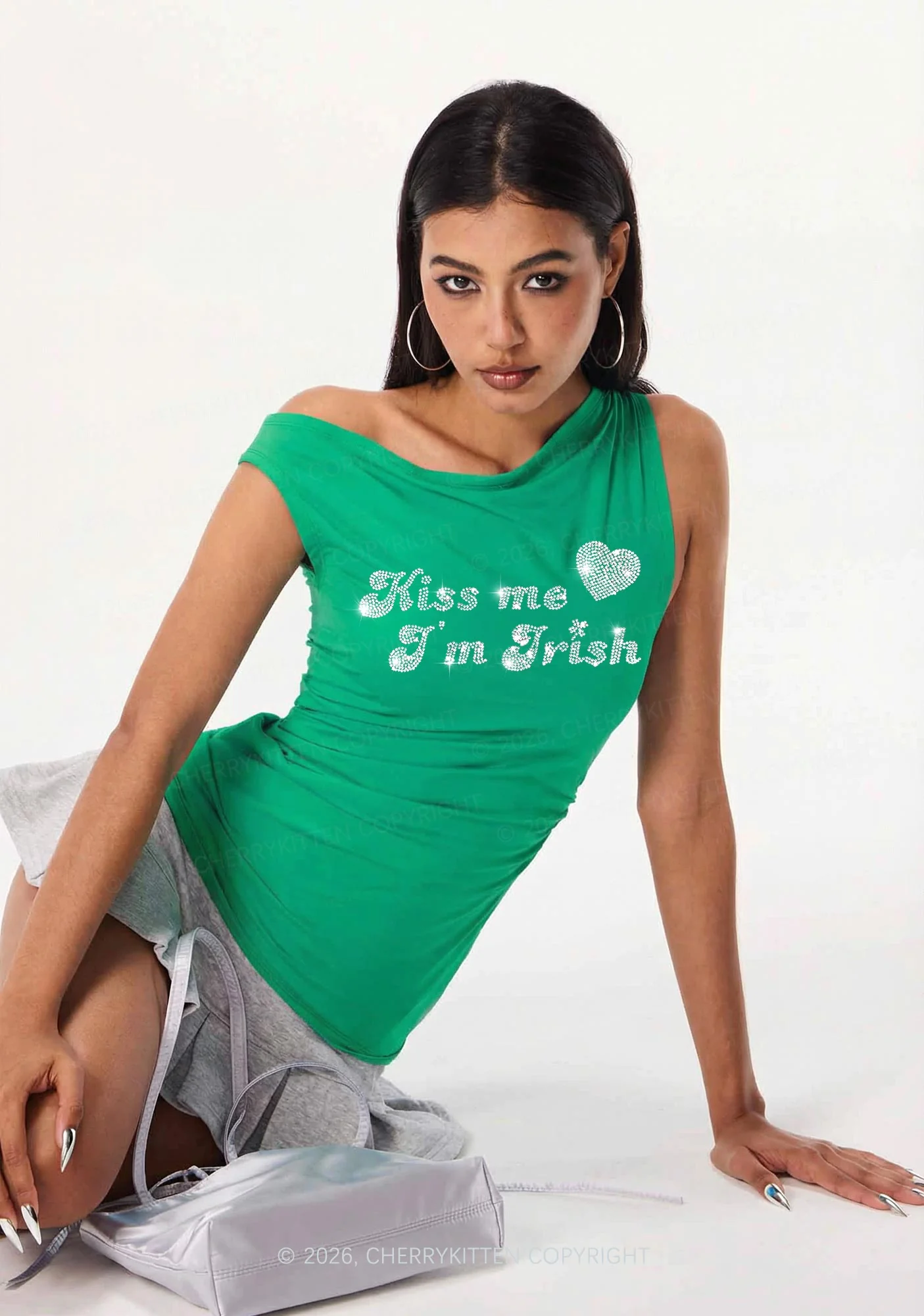 Rhinestone Kiss Me St Patricks Y2K Off Shoulder Tank Top Cherrykitten - Image 2