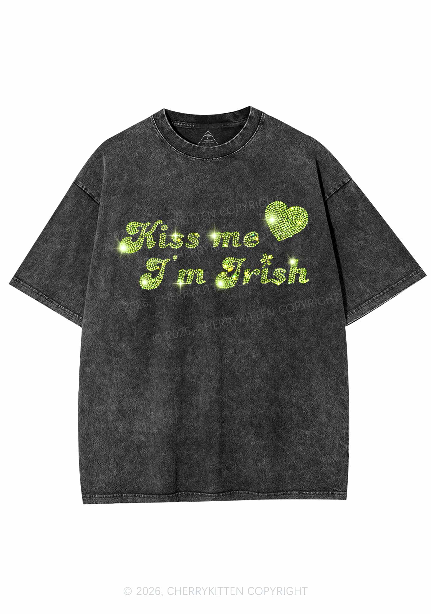 Rhinestone Kiss Me St Patricks Y2K Shirts Washed Tee Cherrykitten - Image 3