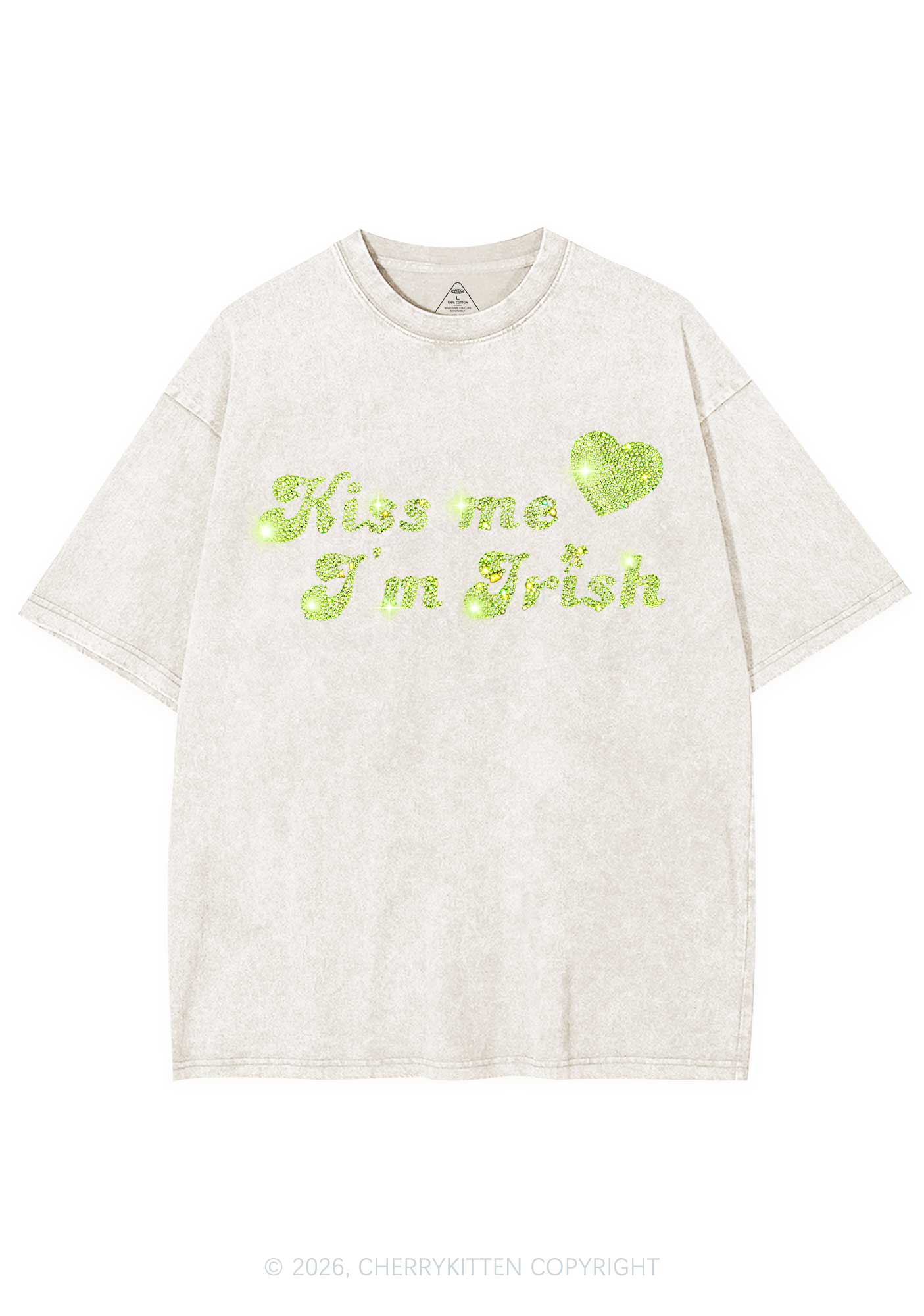 Rhinestone Kiss Me St Patricks Y2K Shirts Washed Tee Cherrykitten - Image 4