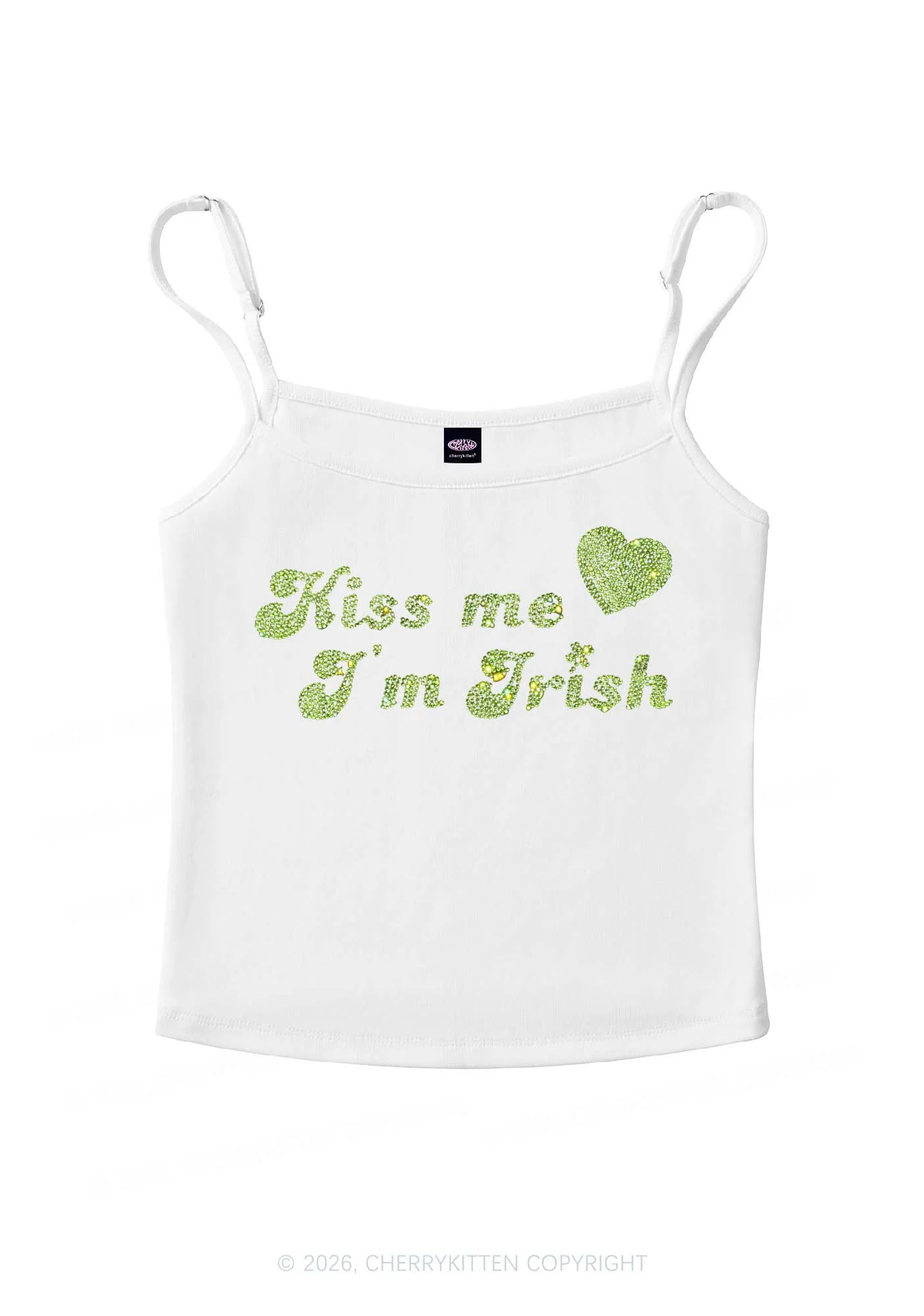 Rhinestone Kiss Me St Patricks Y2K Spaghetti Strap Cami Cherrykitten - Image 3