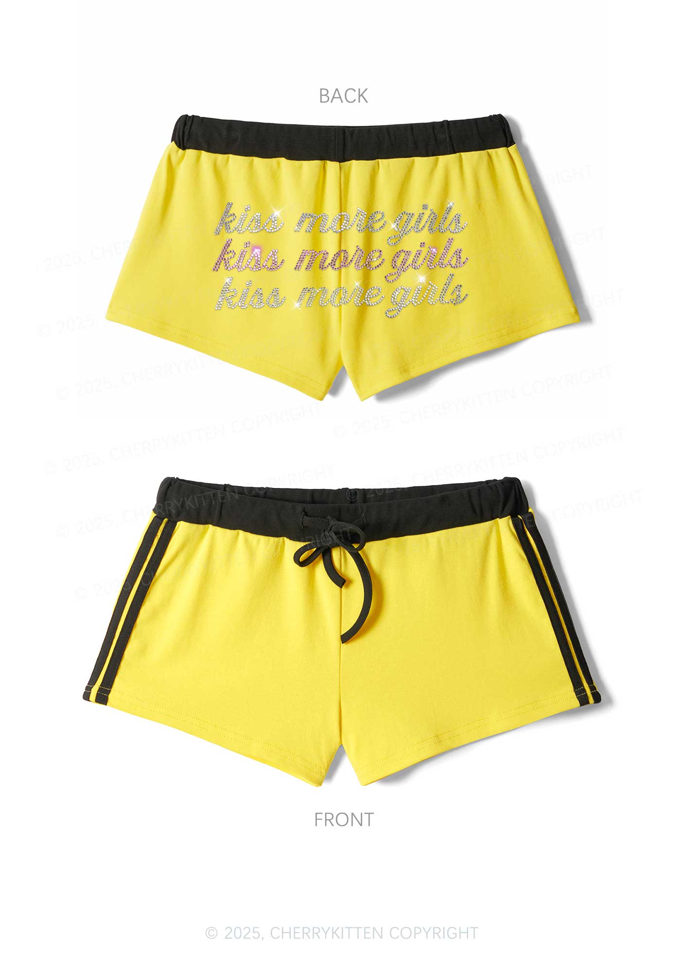 Rhinestone Kiss More Girls Pride Y2K Drawstring Mini Shorts Cherrykitten - Image 3