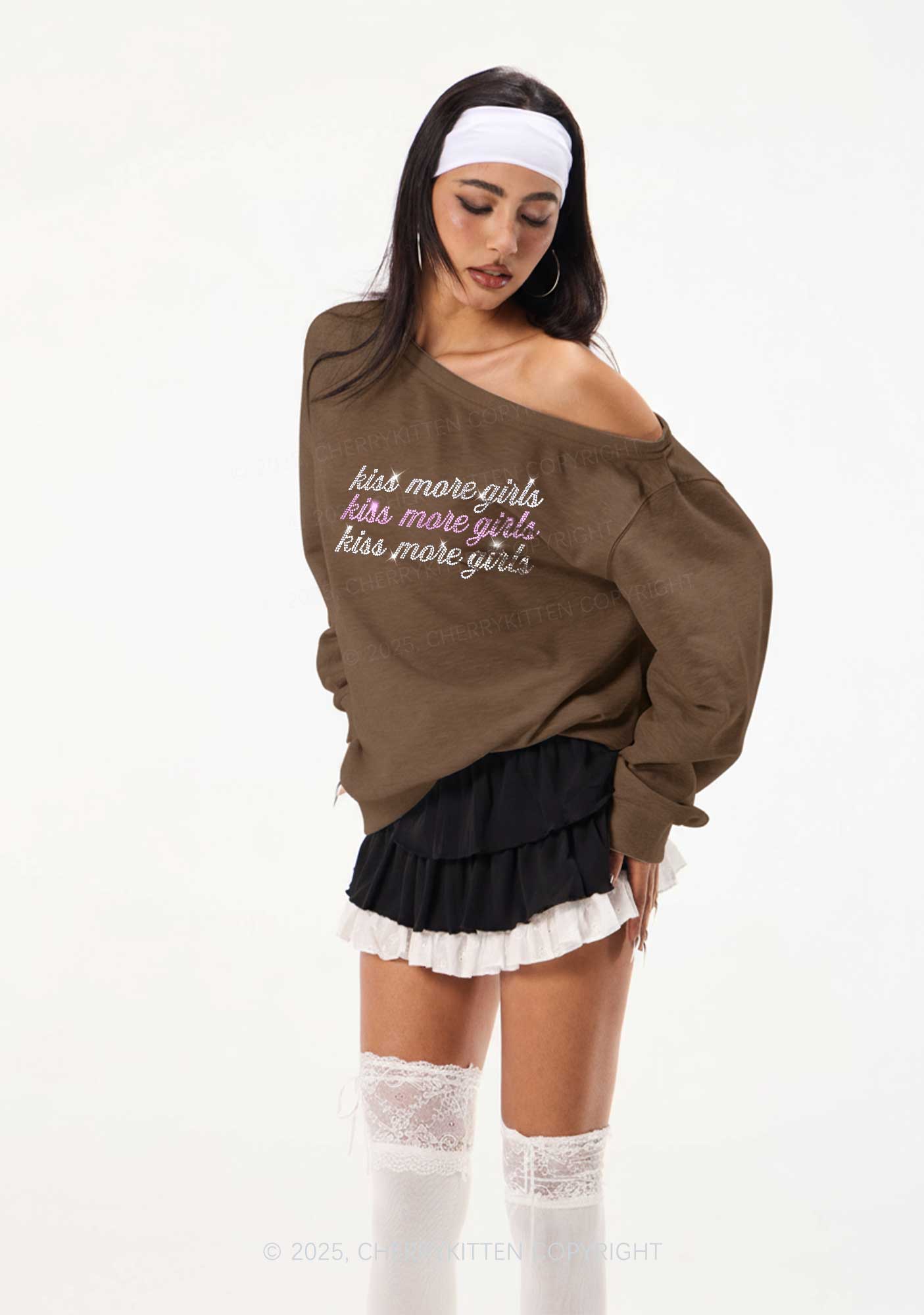 Rhinestone Kiss More Girls Pride Y2K Off Shoulder Sweatshirts Cherrykitten - Image 2